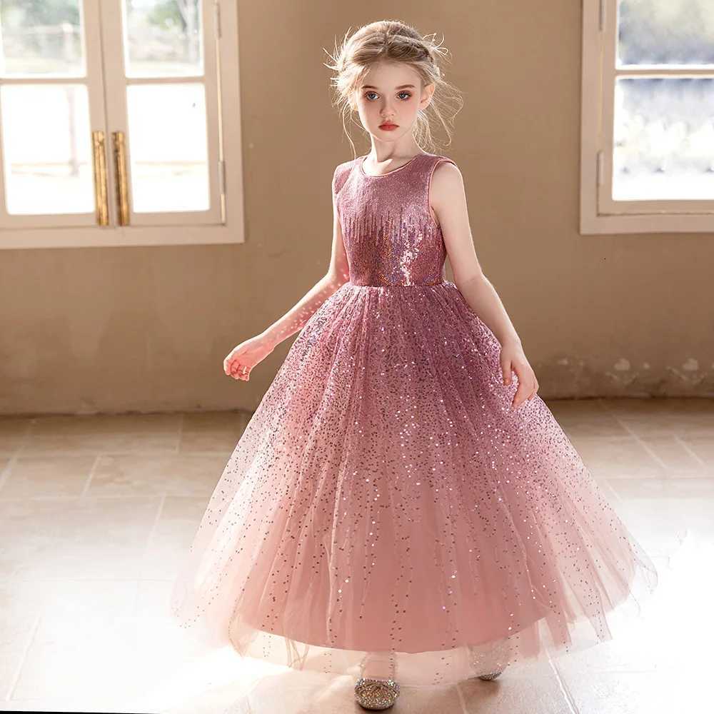Girls Princess Dress Pink Sequins High-end Dress Wedding Puffy Gauze Dresses Kids Birthday Party Performance Evening Dress 5 11Y Z250904