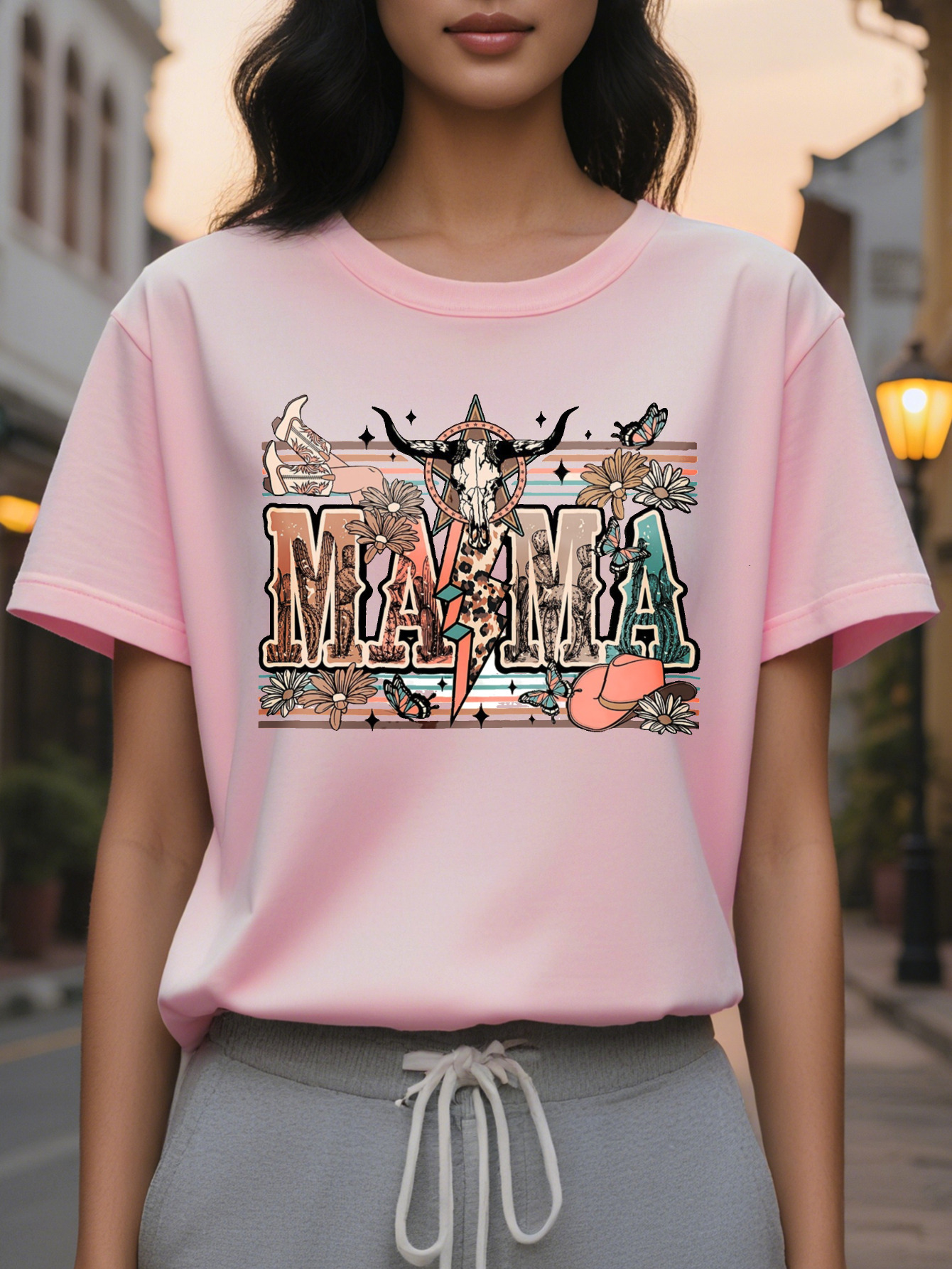 Women's Mother Print T-shirt Cow Head and Cactus Pattern Short Sleeve Round Neck Top Breathable Summer Casual Stretch