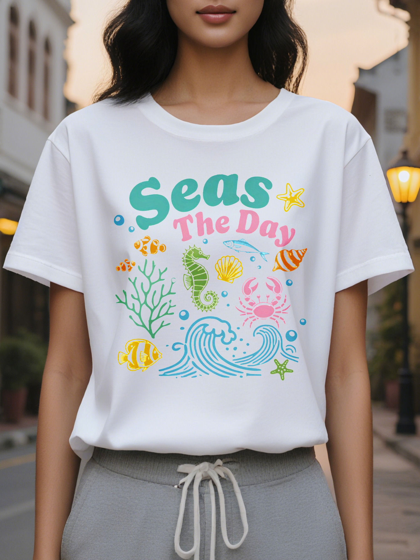 Women s White T-Shirt Ocean Life Pattern Short Sleeve Top Soft Elastic Round Neck Summer Daily Shirt Washable Beach