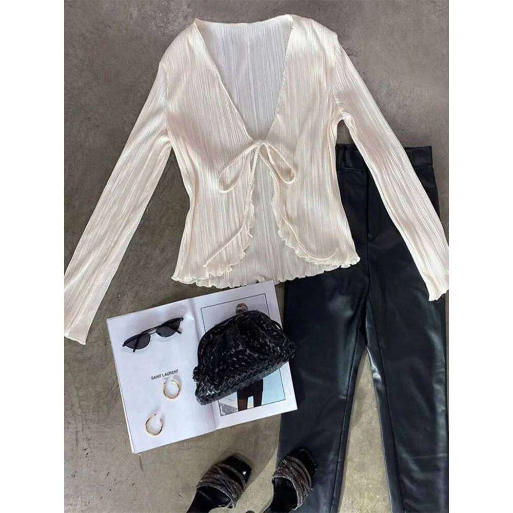 2025 Women Pleated Plain Shirts Spring Fall Chic Long Flare Sleeve V- Neck Tie Up Cardigans Tops For Casual Party Street