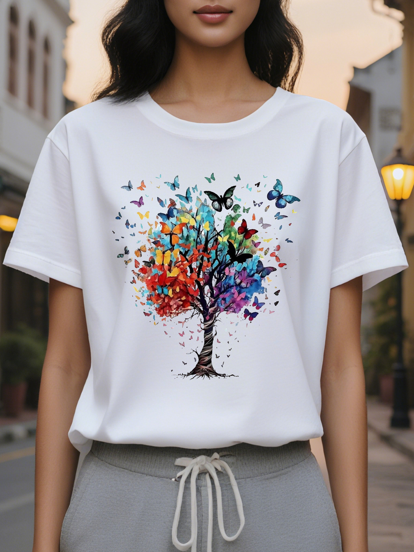 Butterfly pattern round neck short sleeve T-shirt suitable for spring and summer casual women's clothing