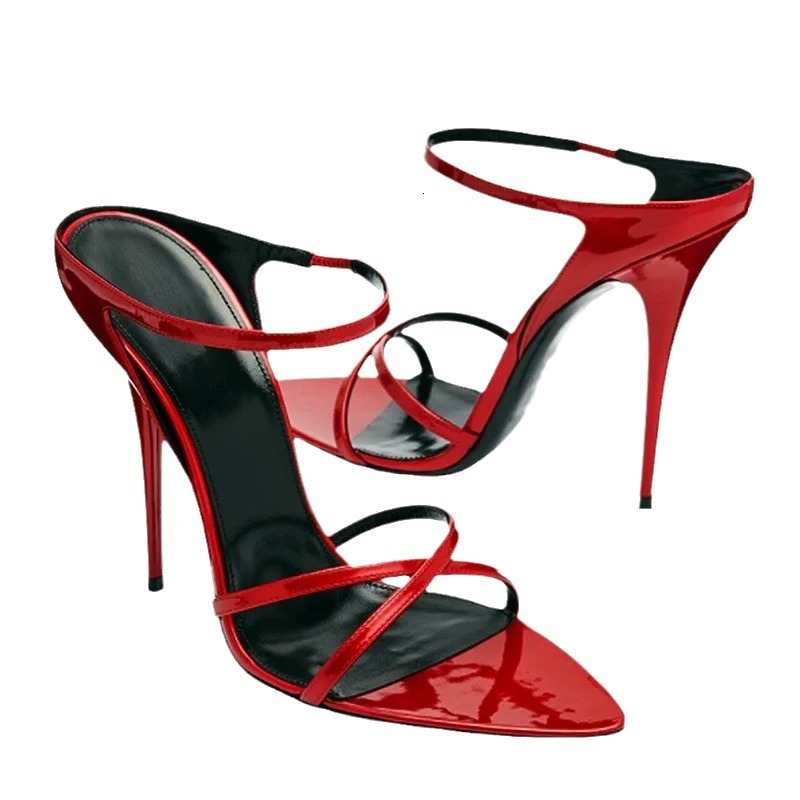 2025 designer's new pointed patent leather single strap fashionable multifunctional high-heeled women's sandals