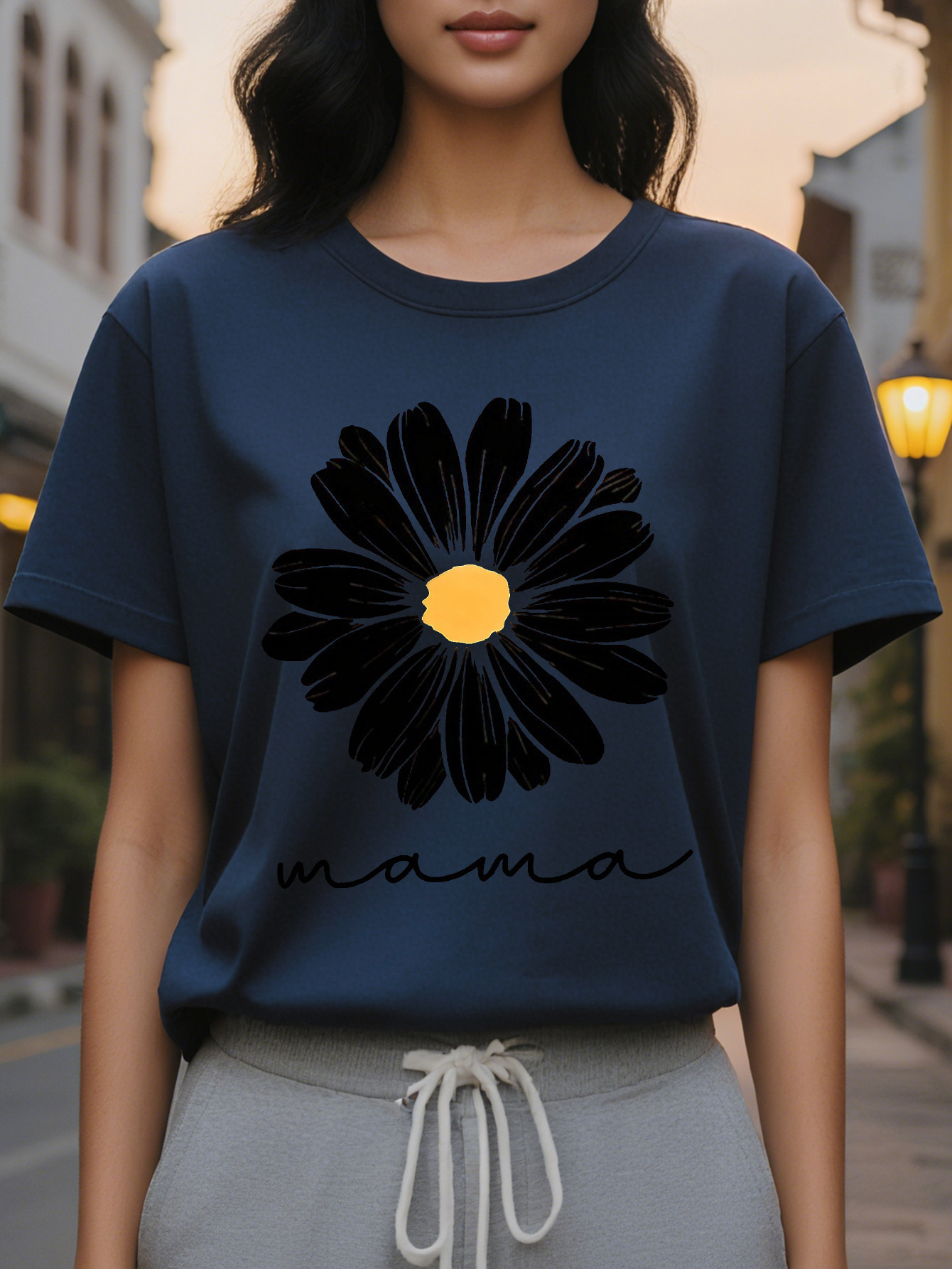 Mother's Short Sleeve T-Shirt Bright Orange Slim Crew Neck Jacket Black Flower Cursive Letter Printing Translucent