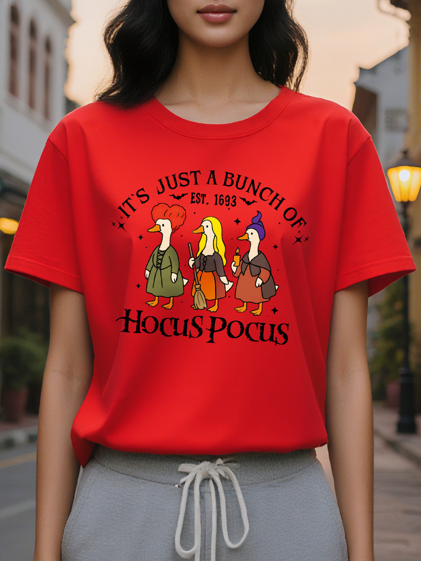 Women's Movie Quote Halloween T-Shirt It's Just a Bunch of Hocus Pocus Graphic Tee with Witch Design Soft Round Neck