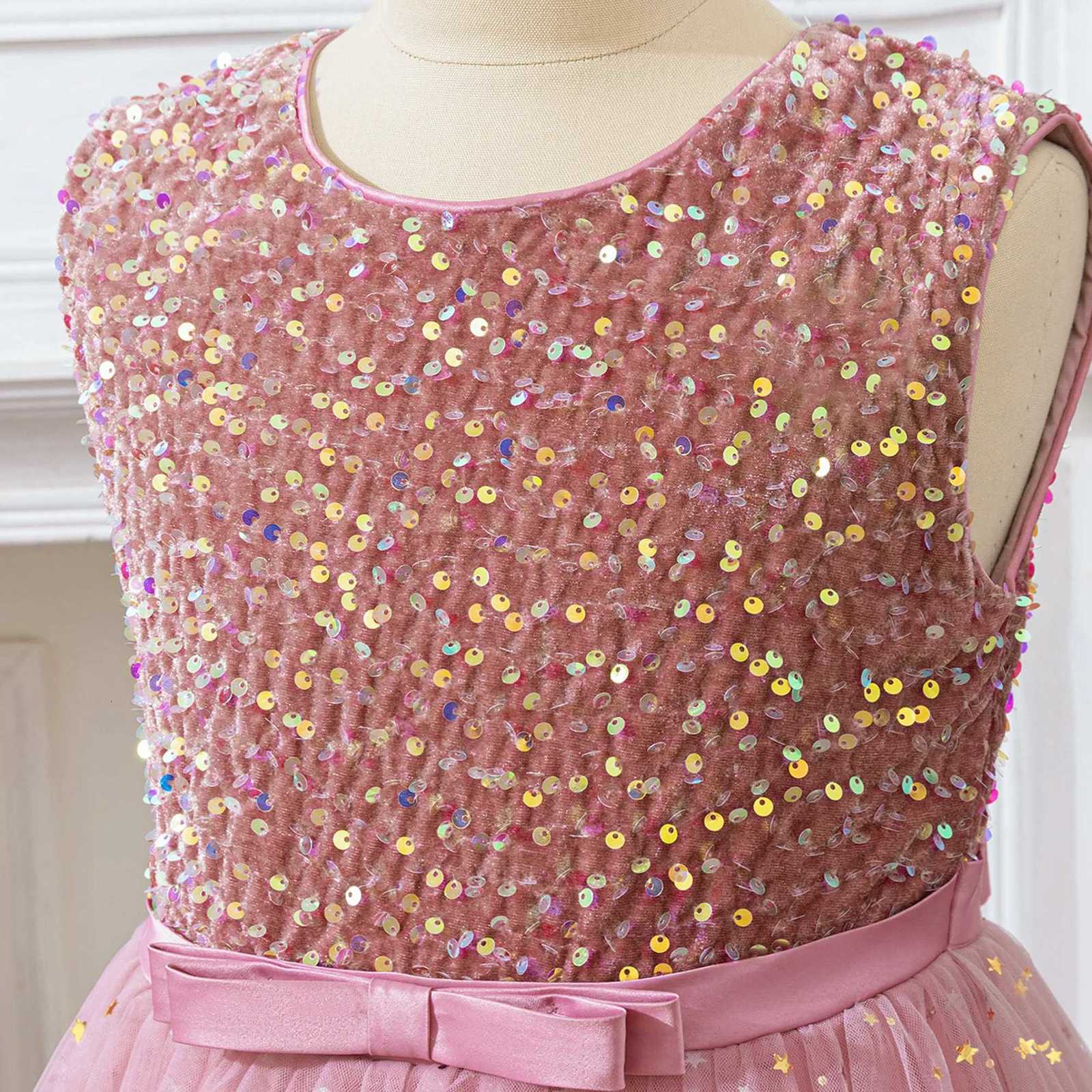 Elegant Bow Sequin Bridesmaid Party Girls Dress Fashion Tulle Wedding Baptism Princess Prom Dress for Girl Birthday Evening Gown Z250904