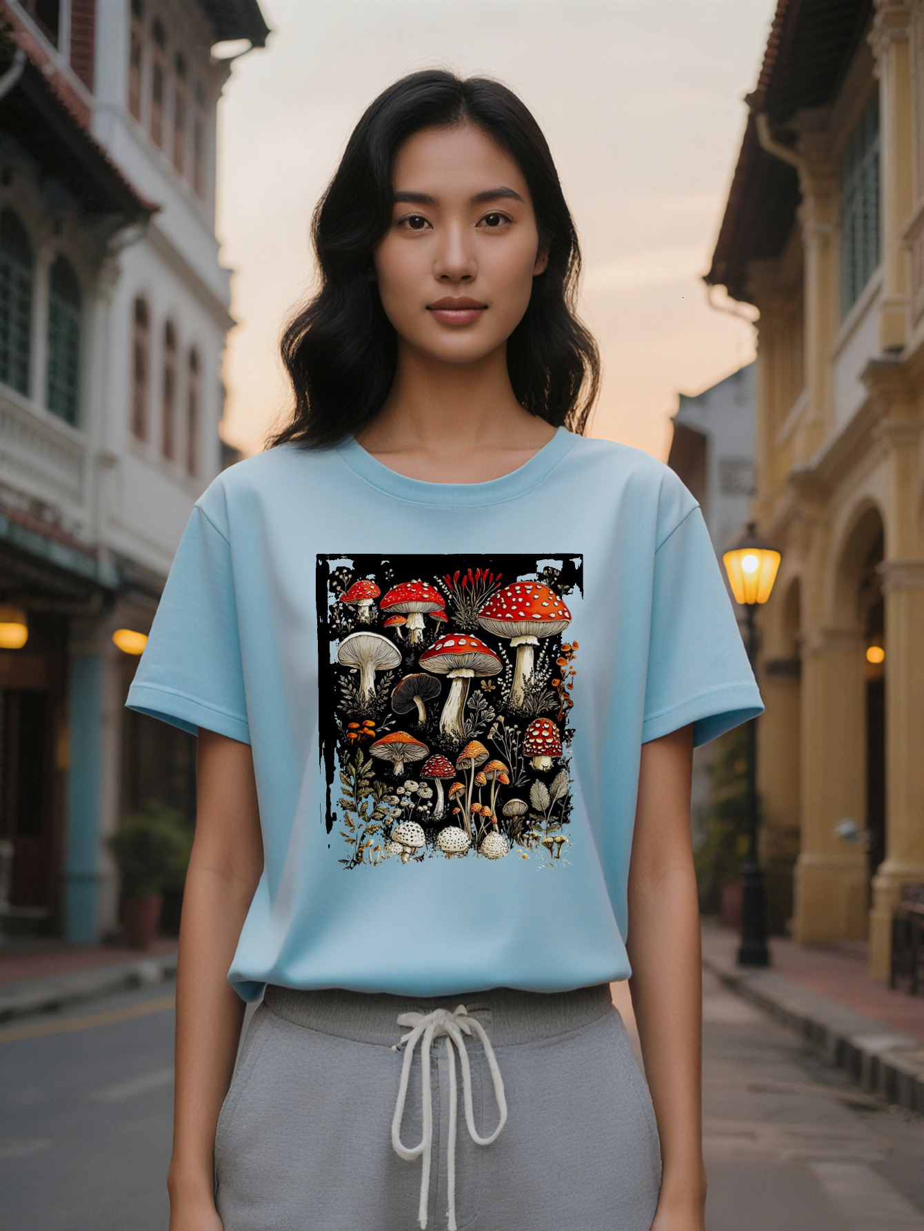 Large XL Lady Short Sleeve T-Shirt with Botanical Mushroom Print Black Round Neck Summer Top Breathable and Washable Plus Size