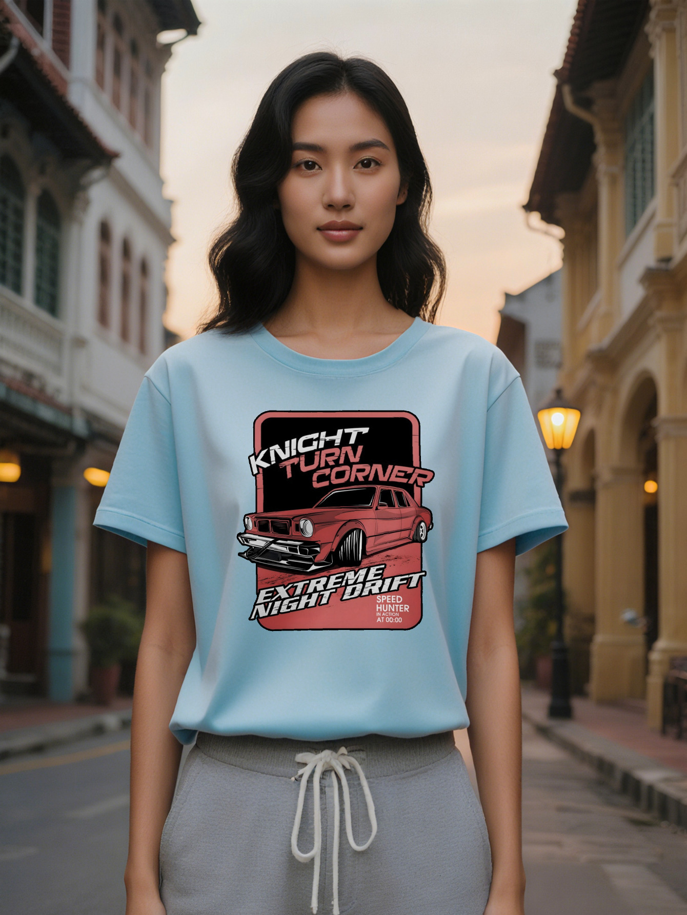 Lady Crew Neck T-Shirt with Red Graphic Knight Turn Corner Design Extreme Night Drift Text Perfect for Enthusiasts