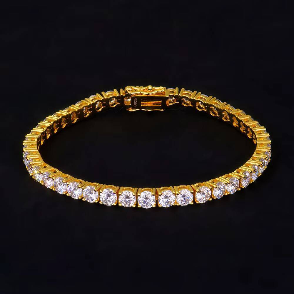 Hip Hop Style 4mm Tennis Chain 1 Row VVS Moissanite Diamond Bracelet Gold Plated Fine Jewelry Tennis Bracelet Bangle