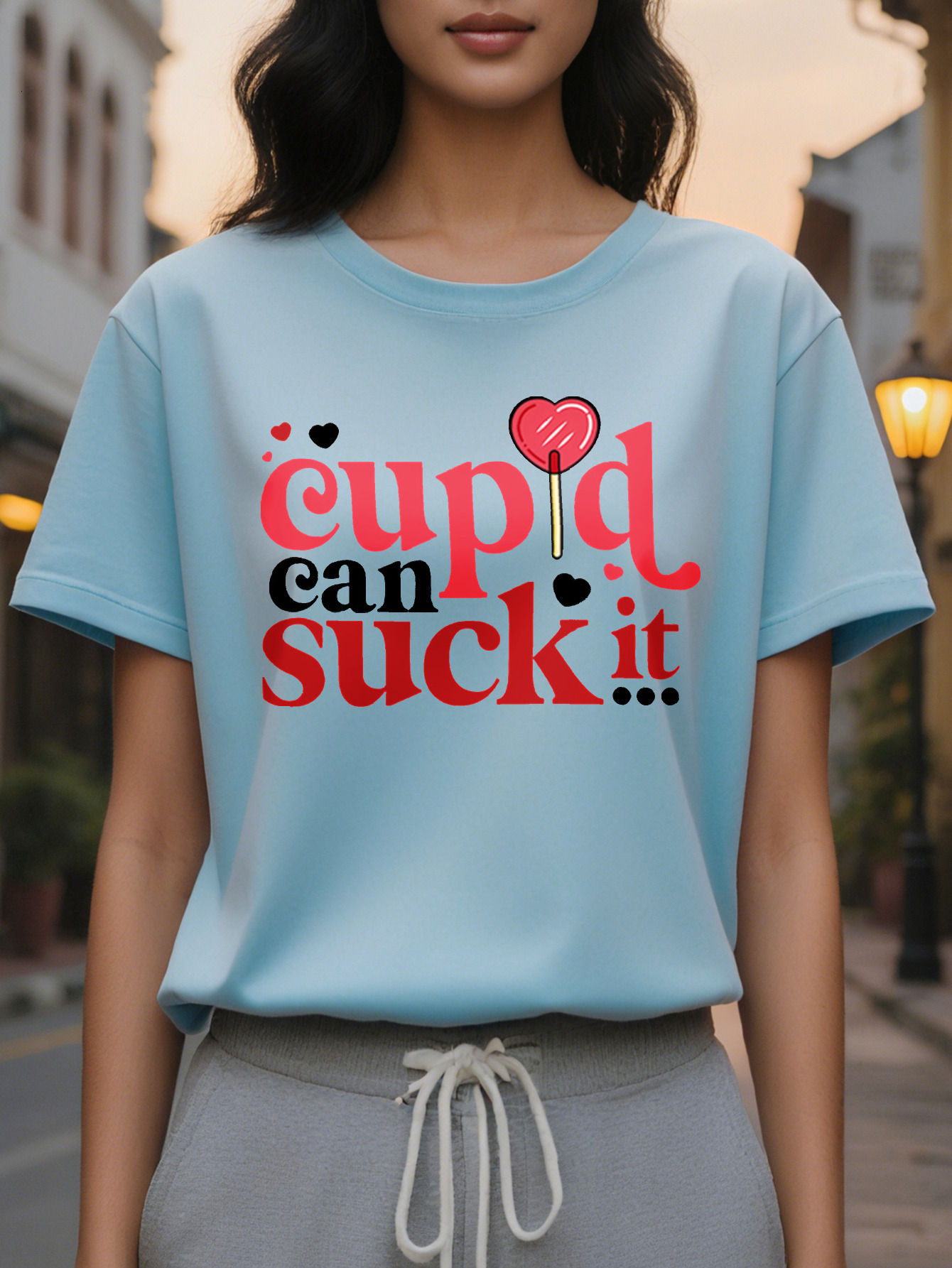 Ladies casual round neck T-shirt printed Cupid can suck it cotton knit fabric regular length spring and