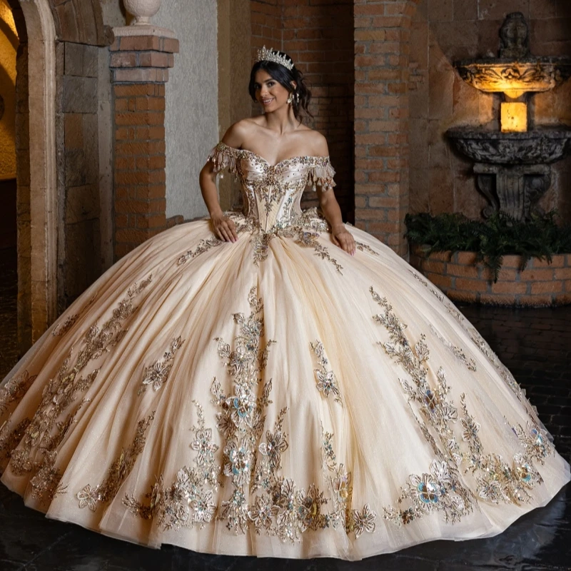 Champagne Shiny Quinceanera Dresses Ball Gown Off The Shoulder Applique Lace Beading Crystal Sweet 16 Dress Vestidos 15 Anos