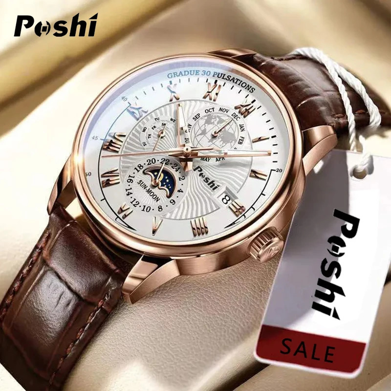 Swiss POSHI Men Watch Fashion Top Sport Mens Wristwatch Waterproof Luminous Leather Date Quartz Watches Man clock 250828