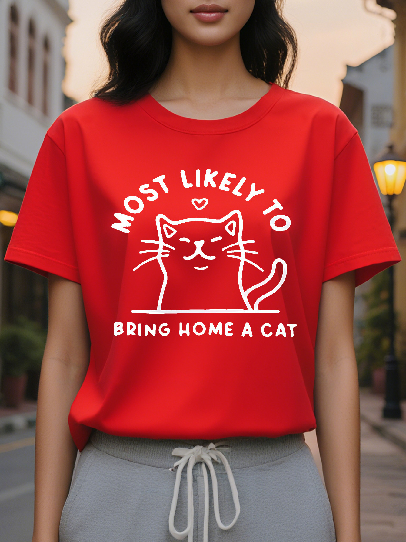 Lovely Cat Letter Print T-Shirt Casual Round Neck Short Sleeve Top Spring and Summer Women's Clothing