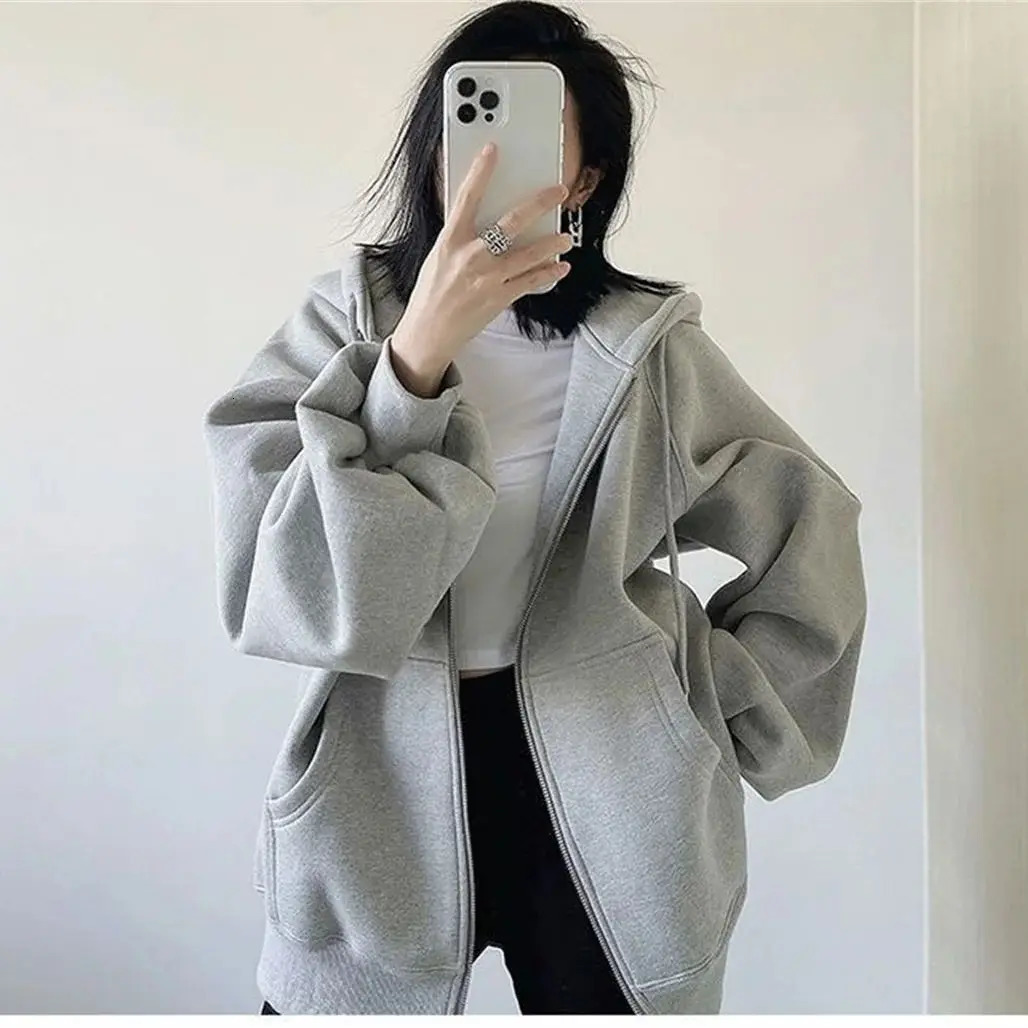 Women Loose Hooded Sweatshirt Jacket Spring Fall Solid Zipper Long Sleeve Coat Oversize Vintage Korean Hoodies Casual Wear 250904