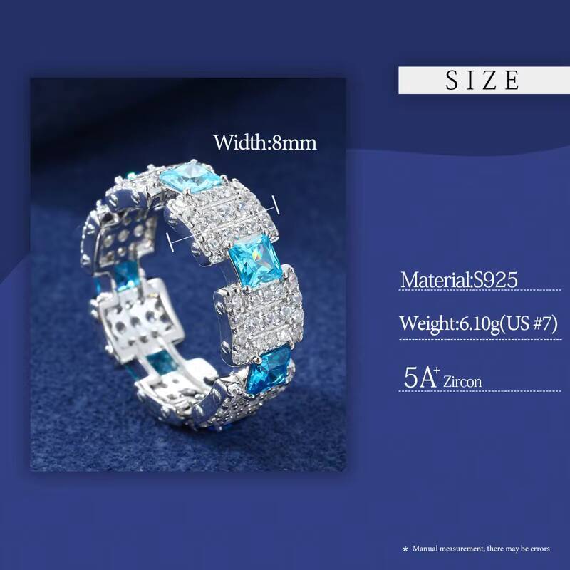 Hiphop Dainty Fine Jewelry Princess Cut 925 Sterling Silver Iced Out AAAAA Blue Moissanite Gemstone Rings for Men Women