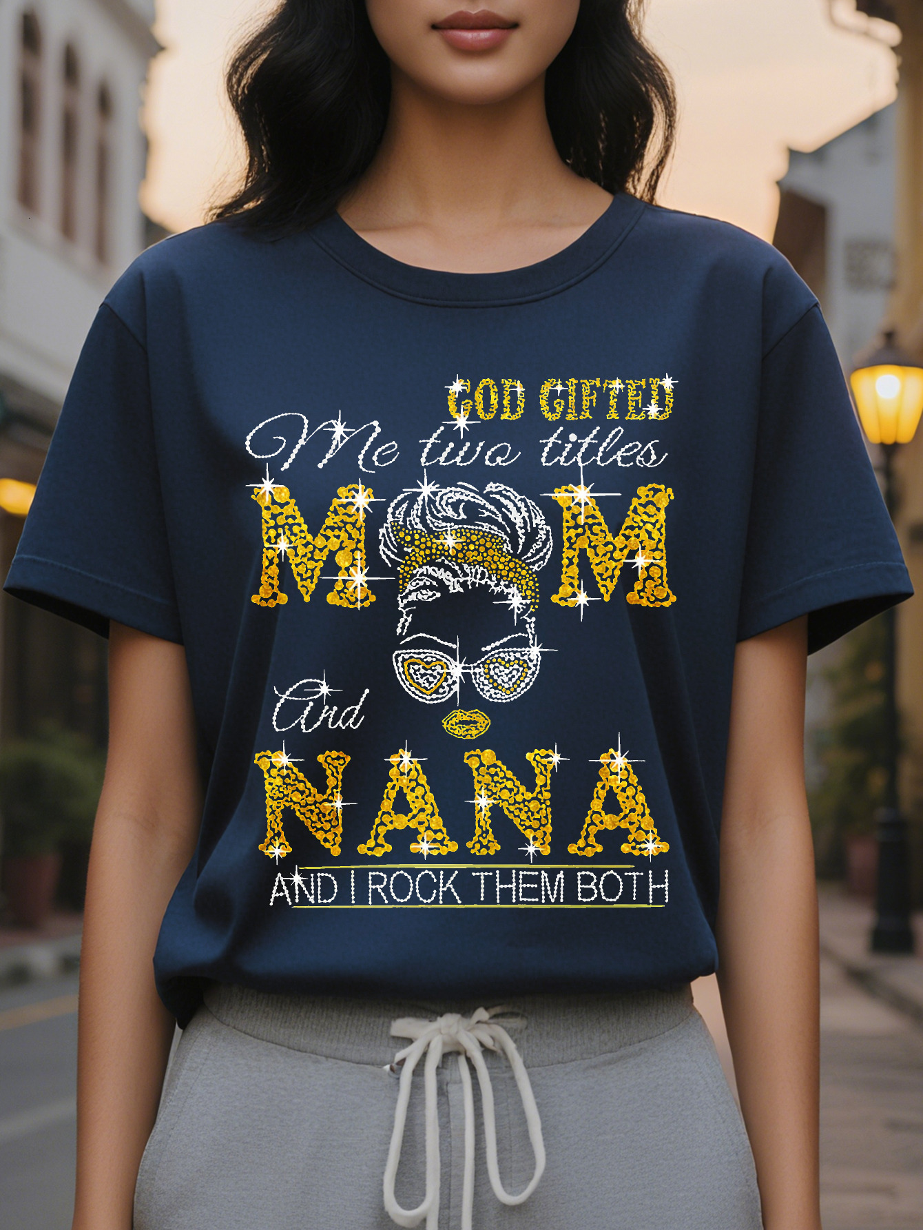 MM NANA MAM Women's Mom Graphic T-Shirt Glitter Text Fashion Glasses Design Casual Short Sleeve Crew Neck Top