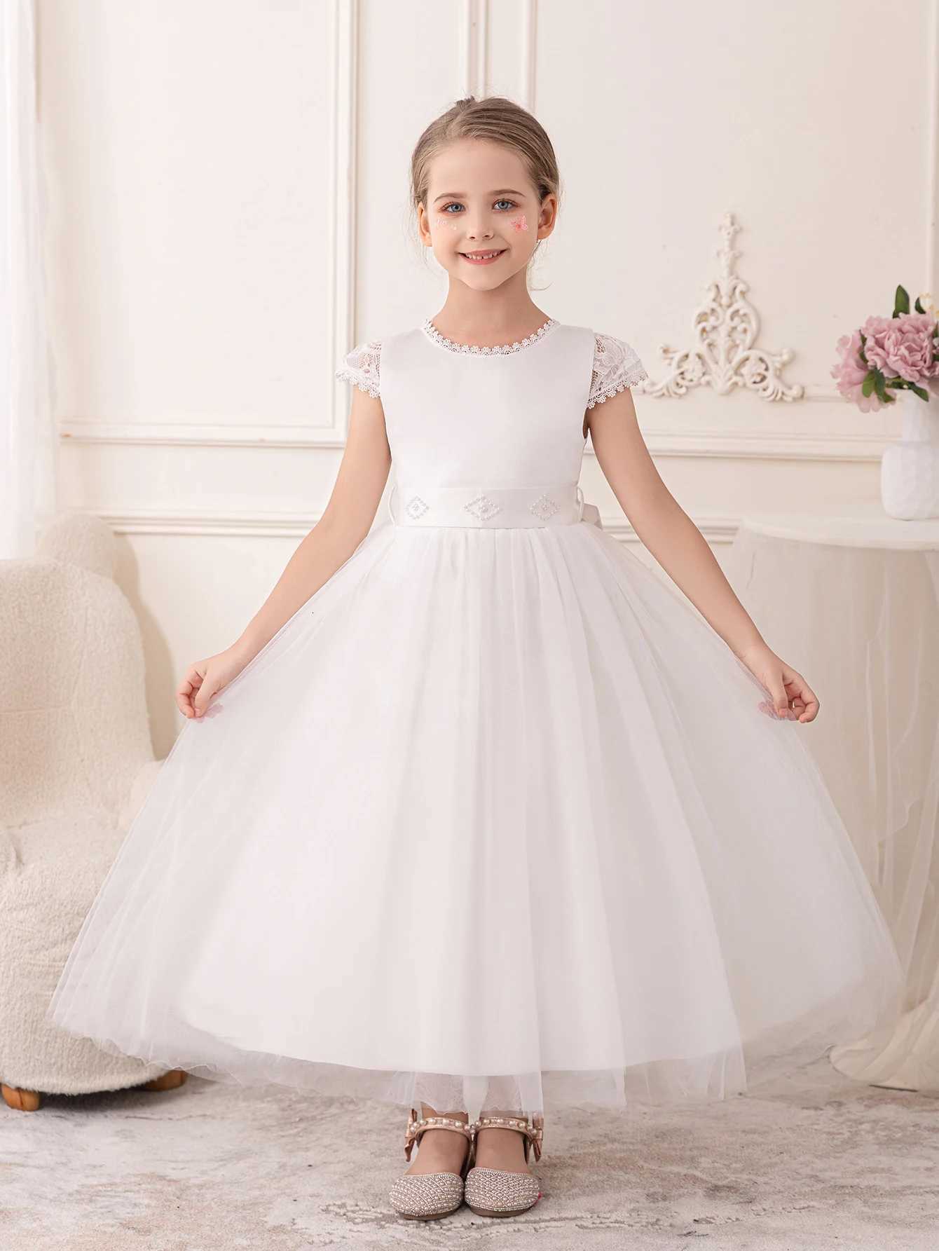 Girls Wedding Flower Childs White Puffy Gauze Long Skirt with a Hollow Lace Back Dress Z250904