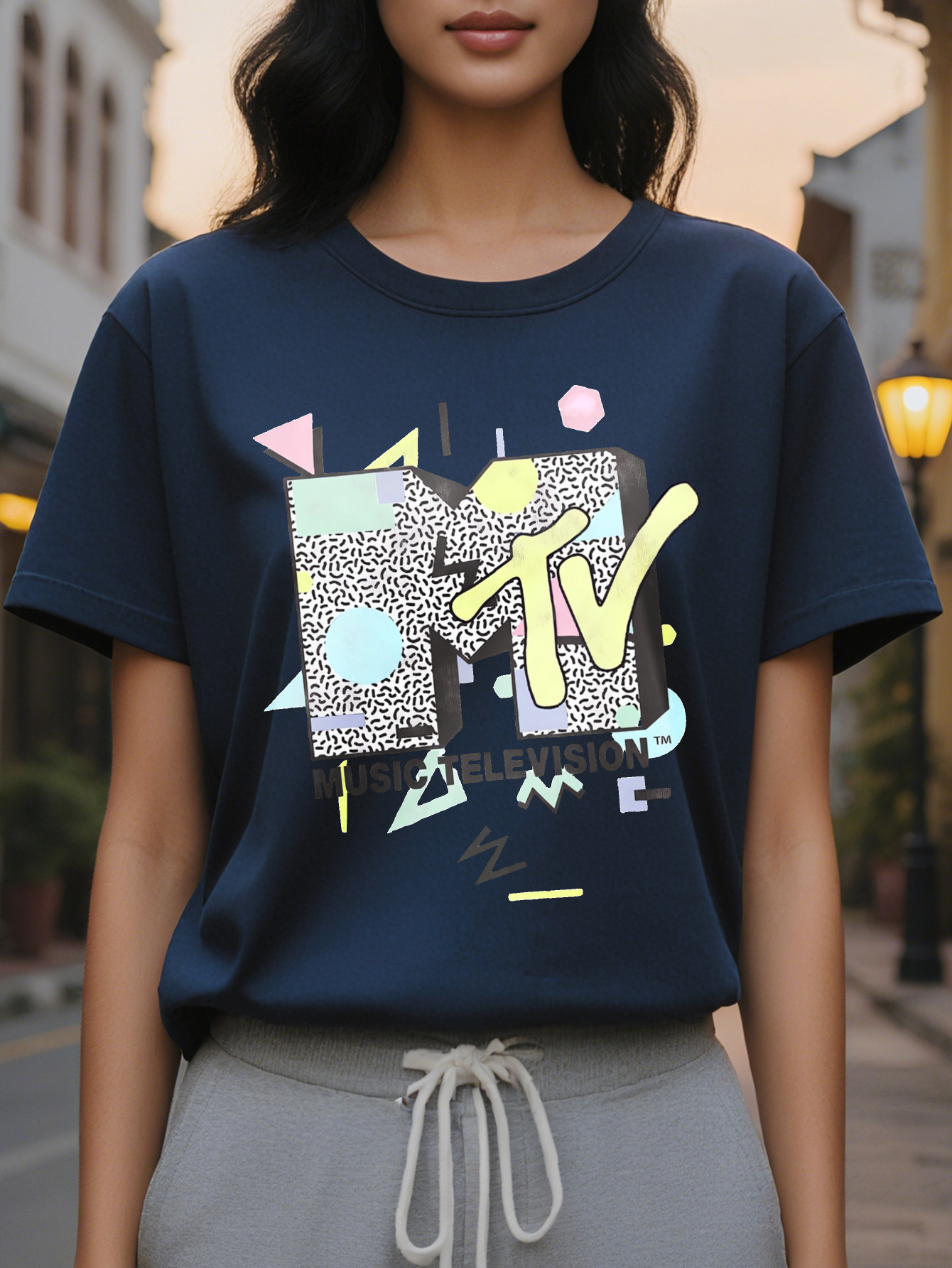 Te MTV Women s Graphic Print T Shirt Retro Music Teion Design With Leopard Spots Lighting Bolts Semi Sheer Round Neck