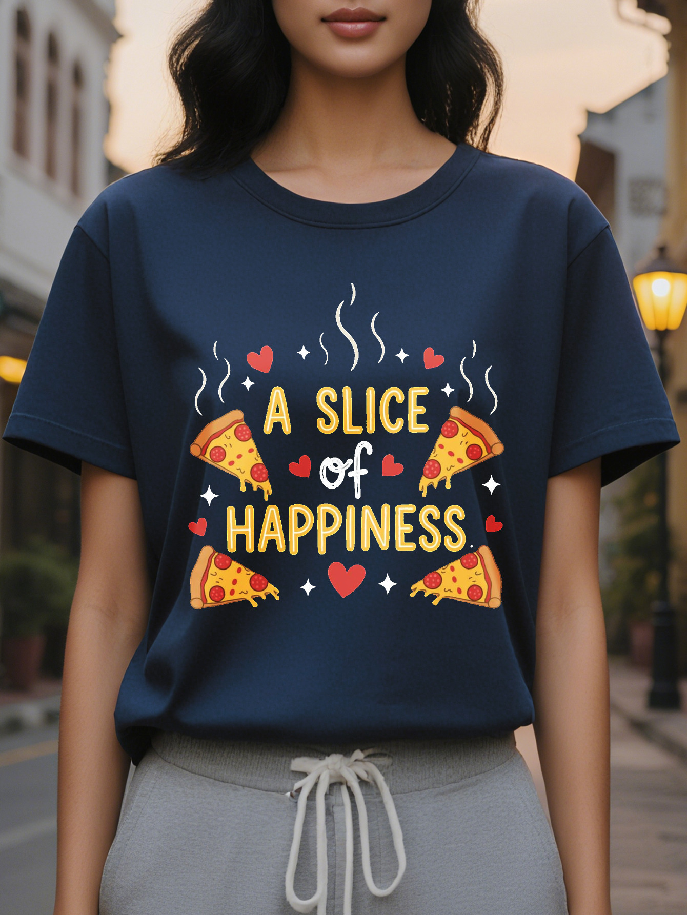 Women's Black T-Shirt with a Piece of Happiness Pizza Pattern, Short Sleeve, Round Neck, Casual Summer Clothing, Fun