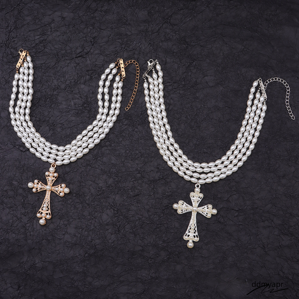 Cyberpunk Style Cross Fashion Exaggerated Ddmyday Micro-Set Imitation Pearl Layered Necklace Jewelry Ddmyday