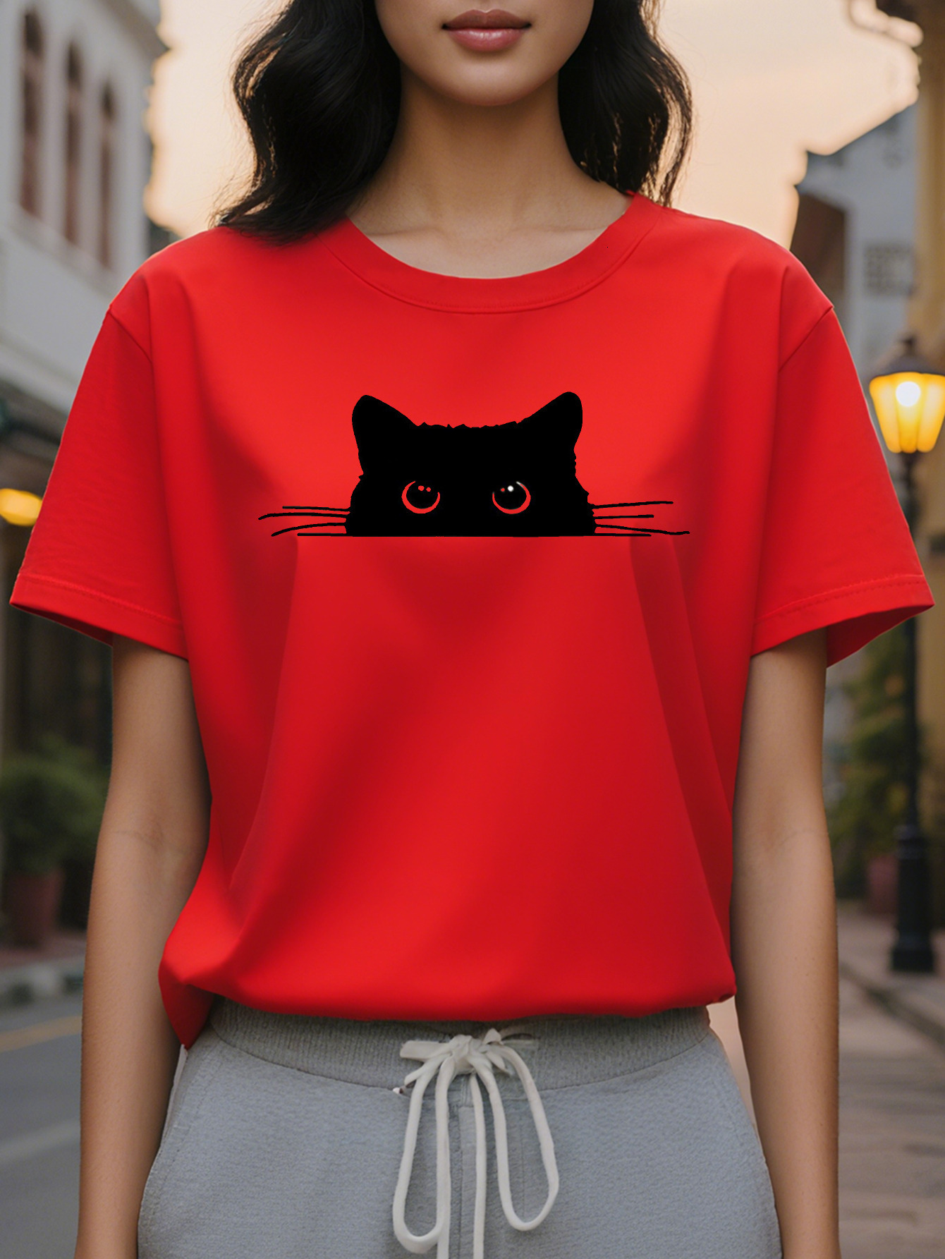 Cat Print T-Shirt Short Sleeve Round Neck Casual Top Summer And Spring Women