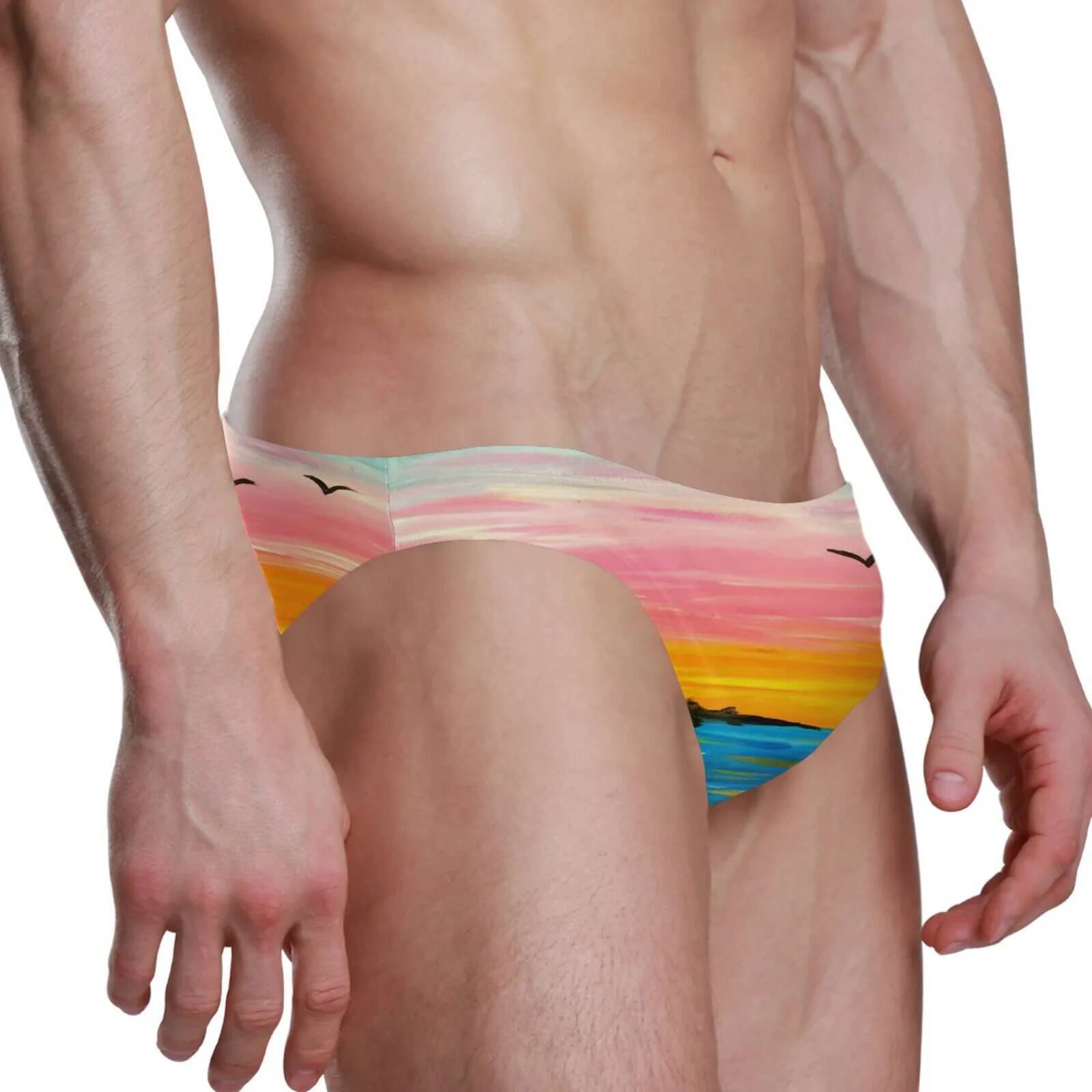 Men's Sunset Print Triangle Swimming Trunks With Push Pad European American Fashion Low Waist Sexy Bikini Summer Beach Surfing