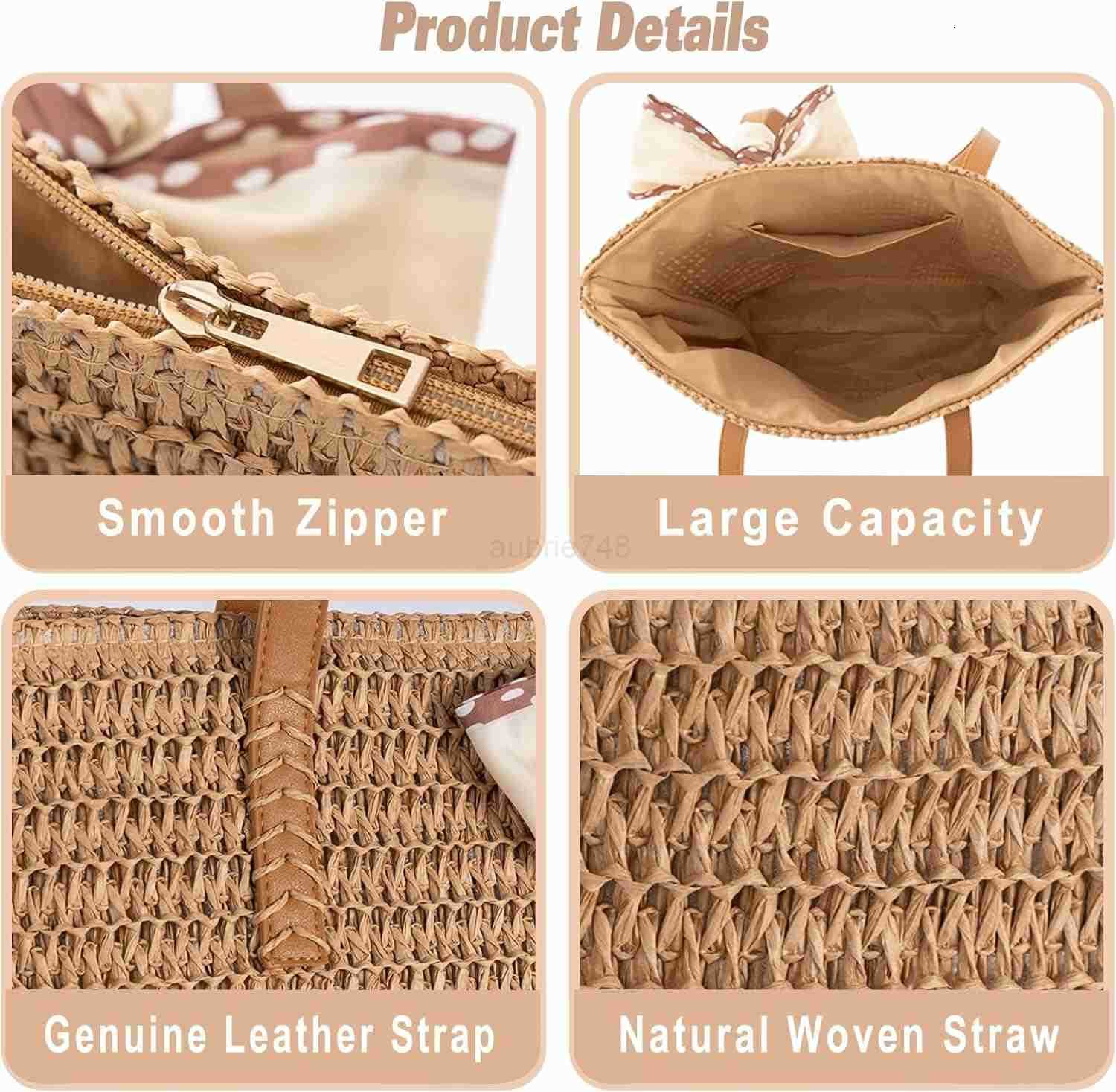 Large Straw Beach Bag Womens Handwoven Tote with Zipper Pocket 2025 Lightweight Summer Purse for Travel Work M250904