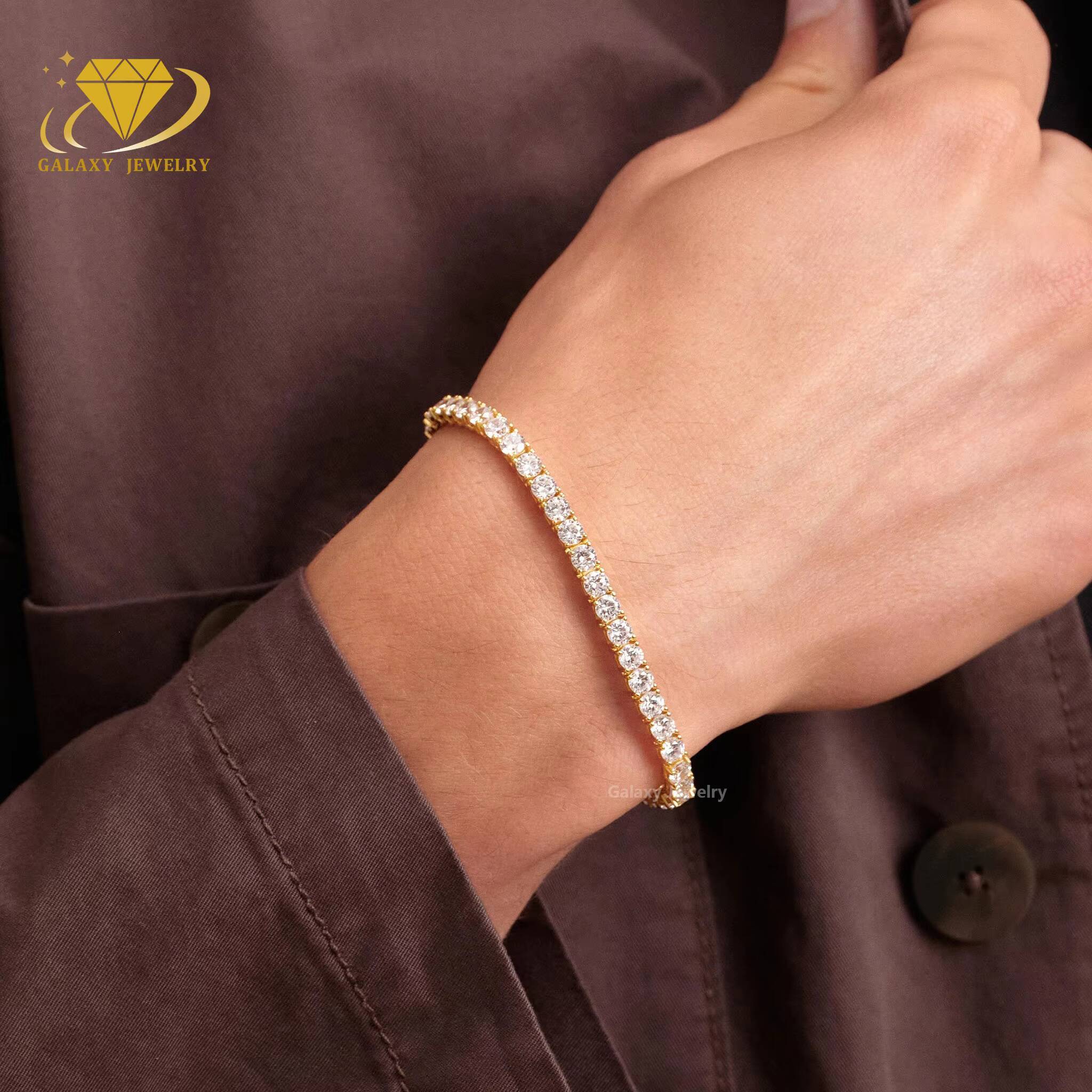 Fine Custom Jewelry 10K Solid Yellow Gold Round Cut Moissanite Diamonds 3mm 4mm 5mm Bracelet Necklace Tennis Chain