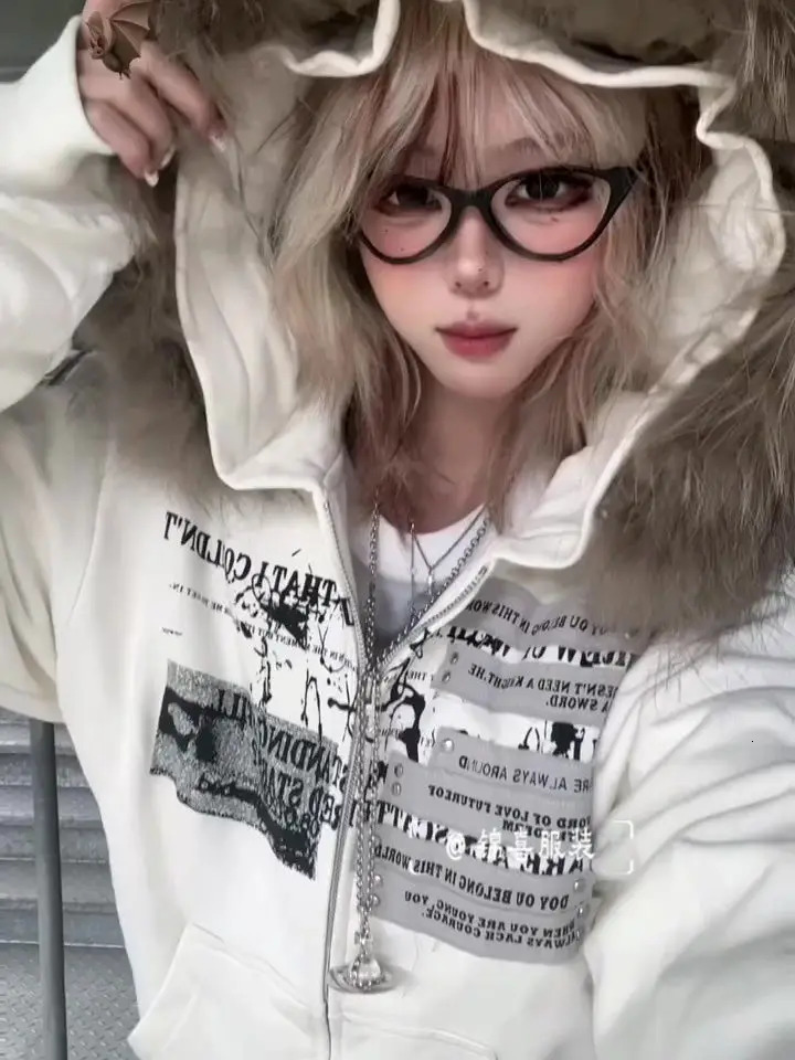Vintage Y2k Letter Kawaii Hoodies Women Slim Top Harajuku Korean Hooded Winter Clothing 2000s Gothic High Street Zipper Hoody 250904