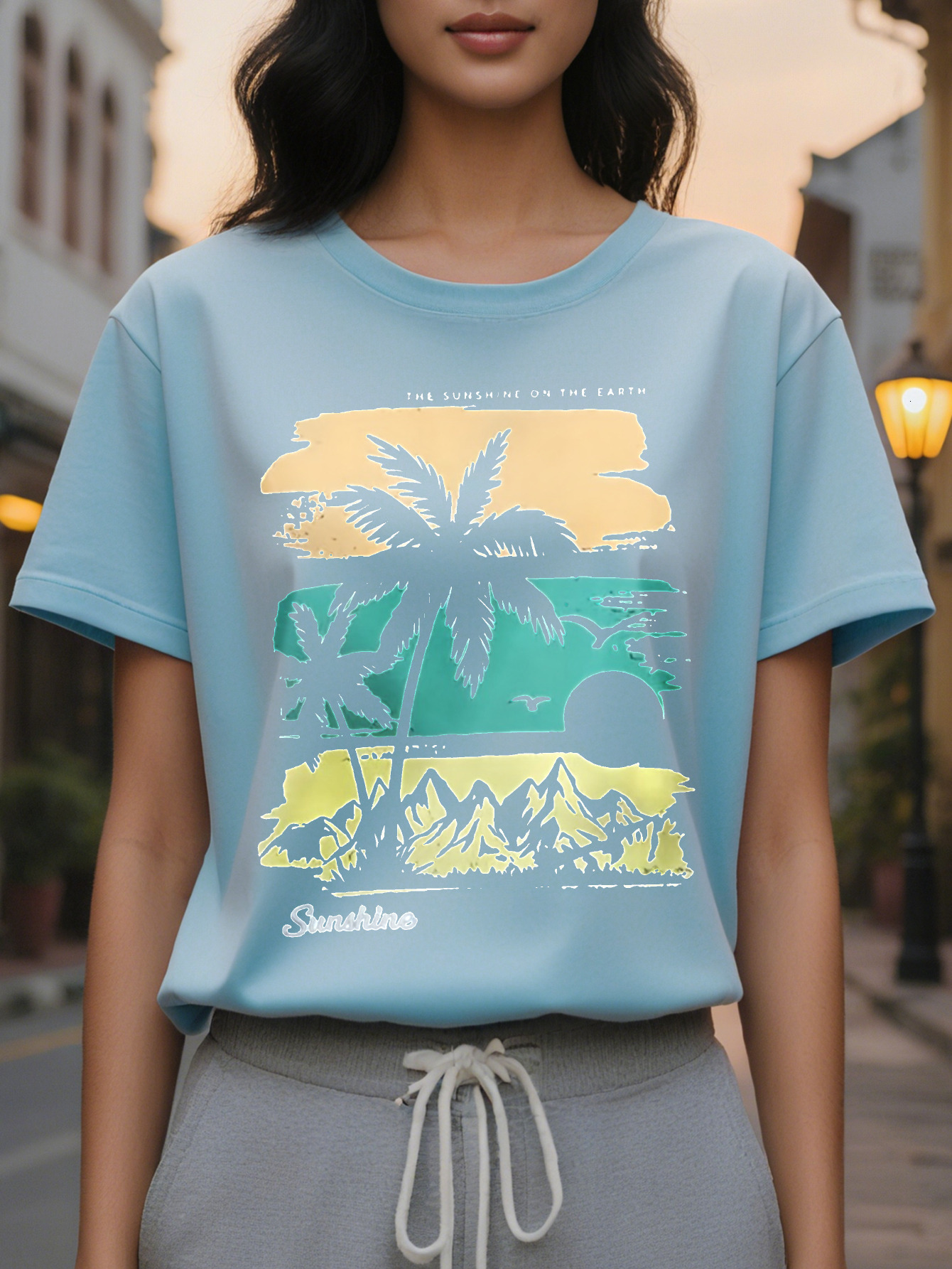 Women S Tropical Palm Tree Print Sleeveless Dress Casual Summer Style with SUNSHINE Graphic Black Round Neck