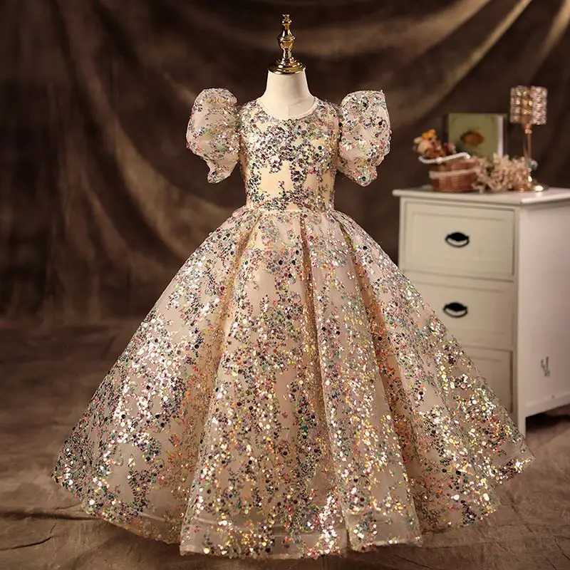 Champagne Girls Princess Dress Puffy Tutu Flower Girl Wedding Piano Recital Formal Gown for Kids Z250904