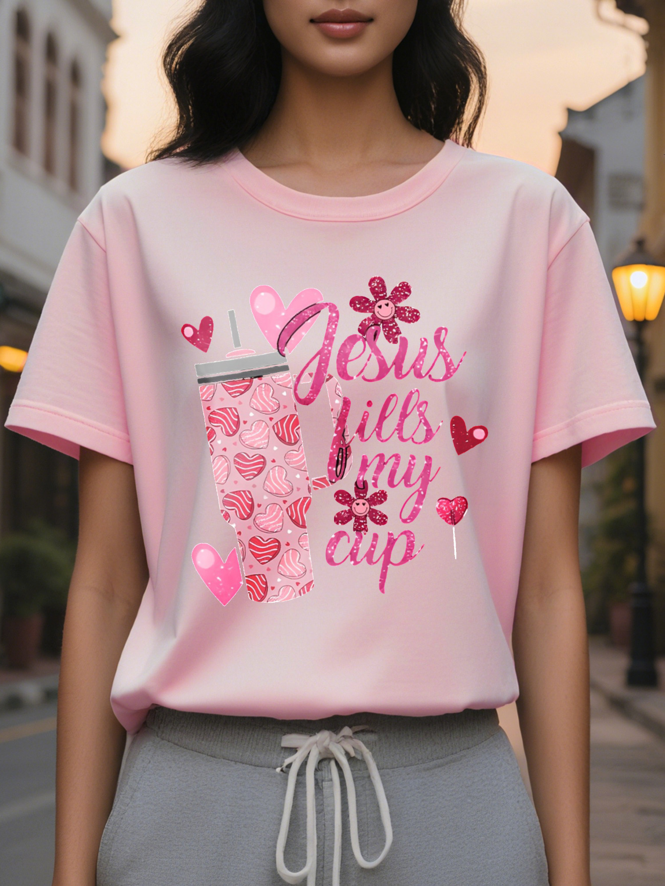 Valentine Jesus Fills My Cup Printed T-shirt Short Sleeve Round Neck Casual Top Summer and Spring Women
