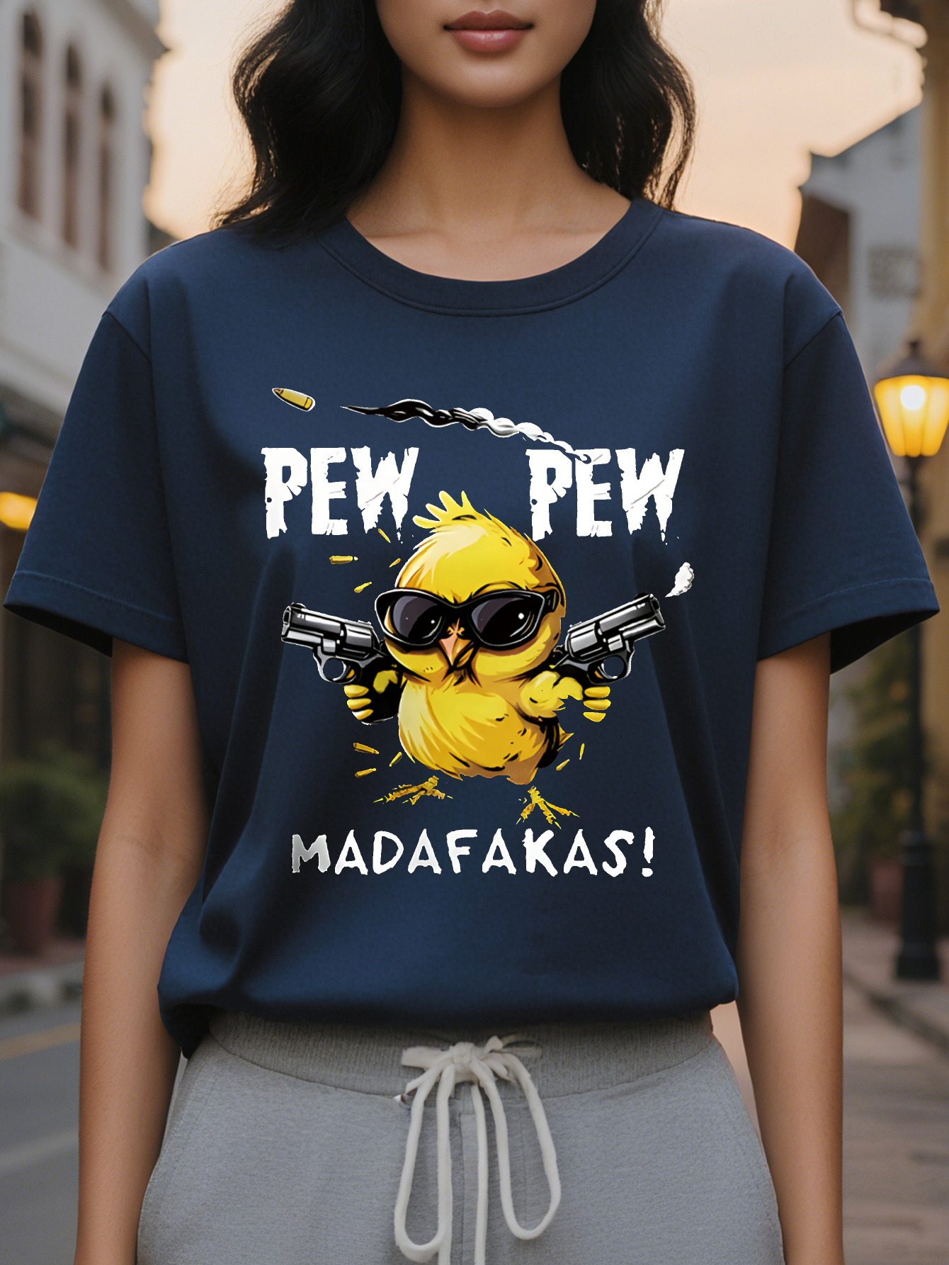 Ladies Casual Short Sleeve T Shirt Black Cartoon Chick Wear Fashion Glasses with Gun Pattern PEW MADAFAKAS
