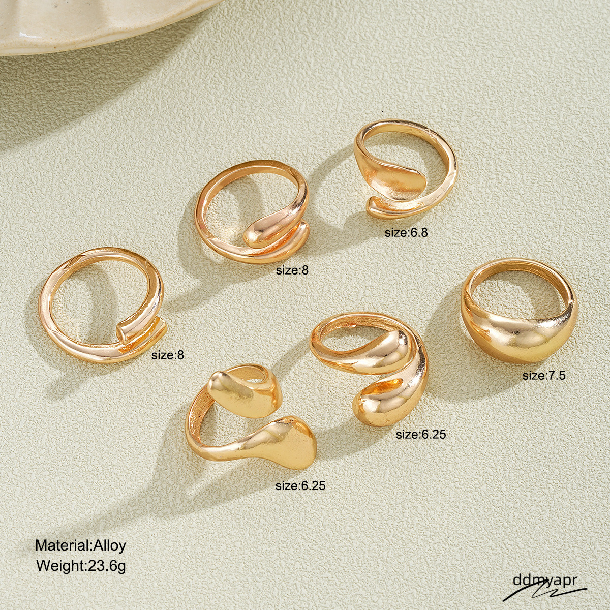 Explosive Irregular Droplet Niche Metal Texture Smooth Exaggerated Geometric Opening Ring, 6-Piece Ddmyday Set Ddmyday