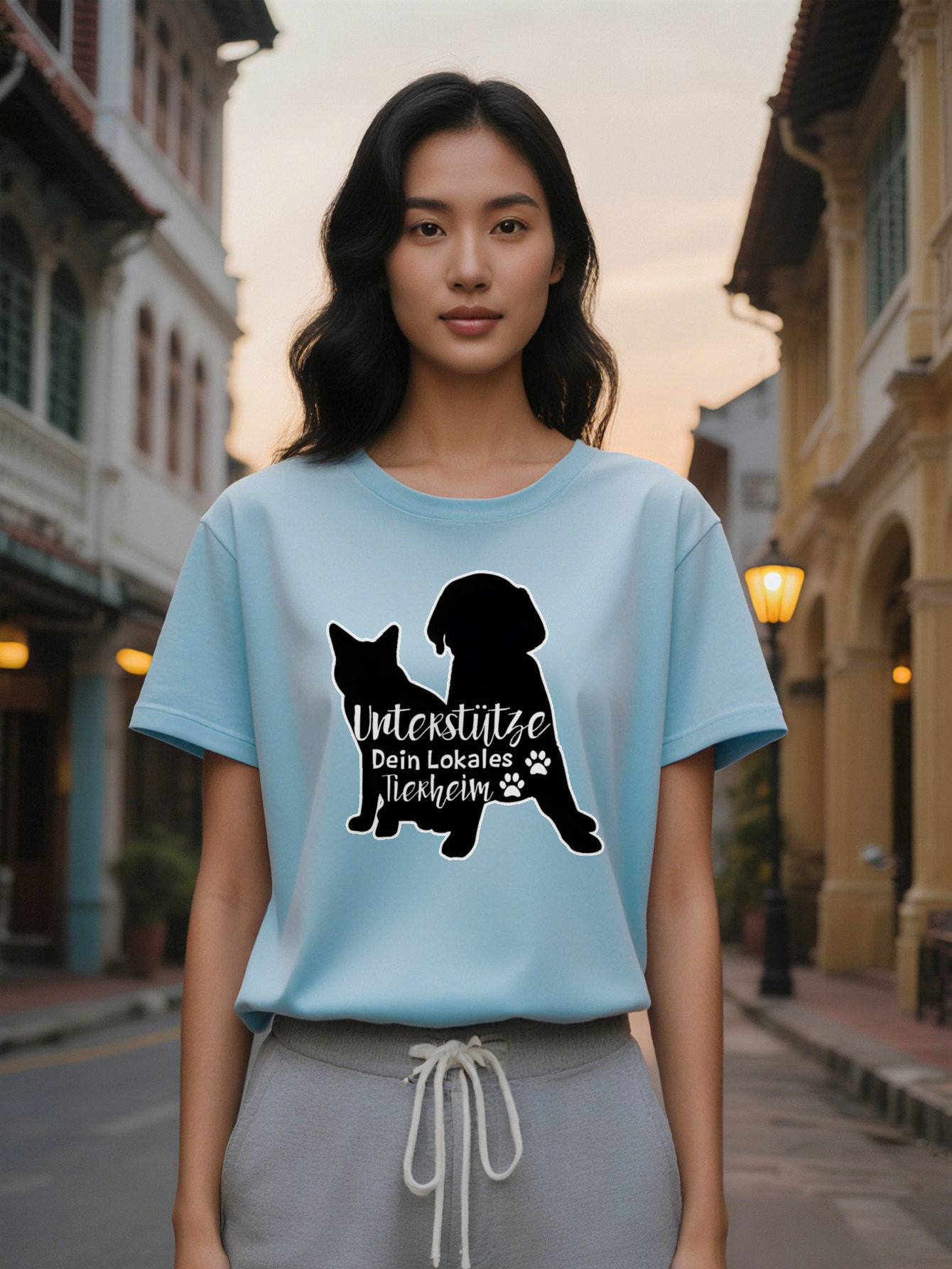 Large XL Women's Casual Crew Neck T-Shirt with Silhouette of Cat and Dog Understripe Print Black Summer Fashion Perfect Gift Plus Size