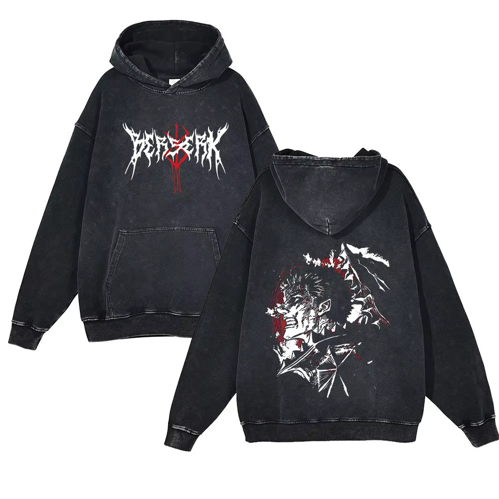 440g Heavyweight Washed Vintage Berserk Sword Art of the Dragon Print Street Retro Hoodie - VT2417