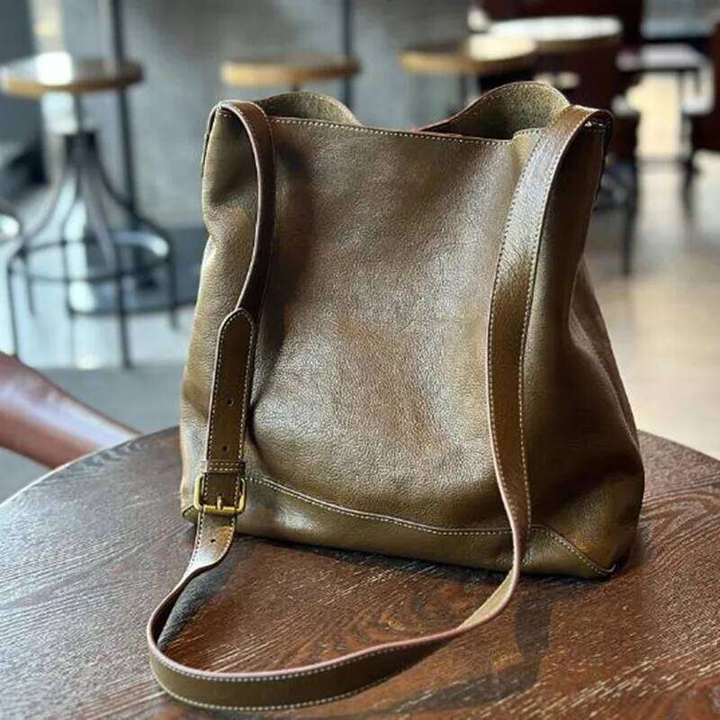 Japan And South Korea Leather Female Vintage Tote Large Capacity Cowhide Shopping Single Shoulder Crossbody Bag