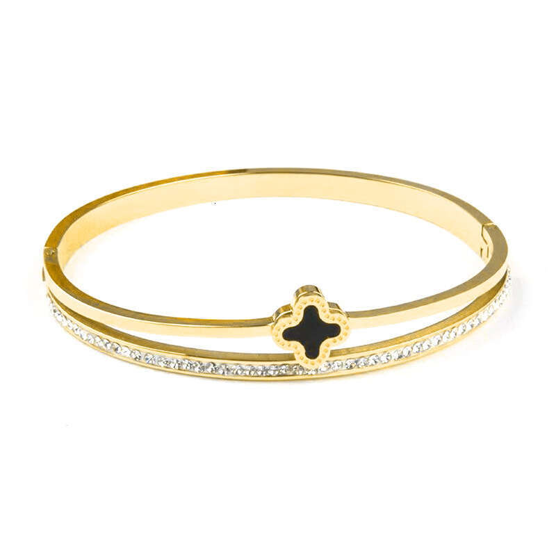 DH collections European - American Style Stainless Steel Single - row Diamond - inlaid Bracelet. This rose - gold four - leaf - clover titanium