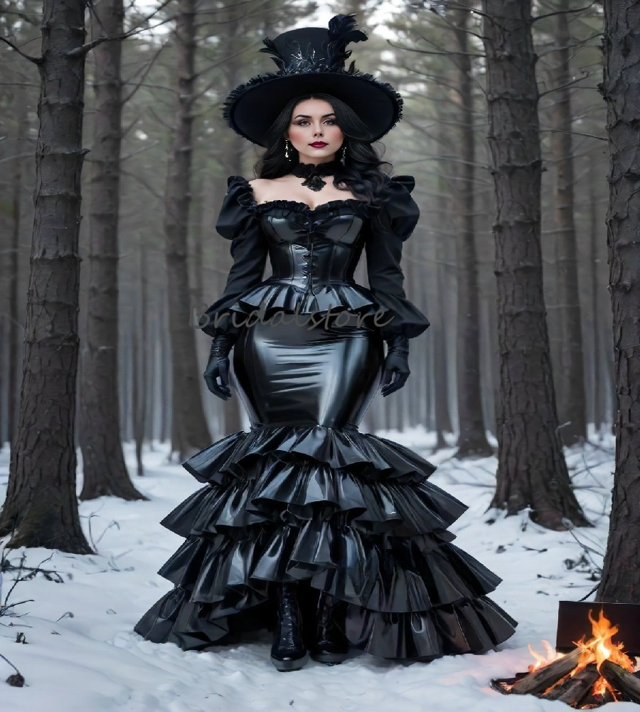 Historical Sorceress Costume Prom Dress Faxu Pu Mermaid Medieval Gothic Evening Dress Long Sleeve Tiered Victorian Steampunk Renaissance Halloween Dre