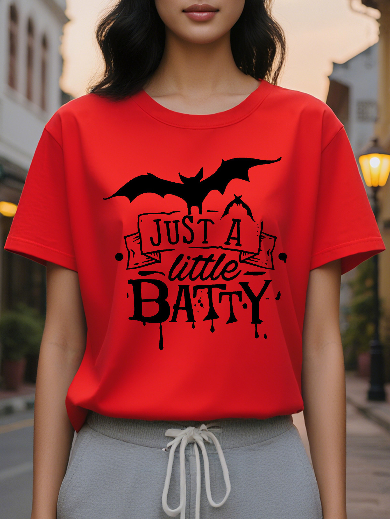 Women s Dark Gray Gothic Bat Graphic Tee JUST A LITTLE BATTY Vampire Saying Soft Everyday Halloween Party Shirt