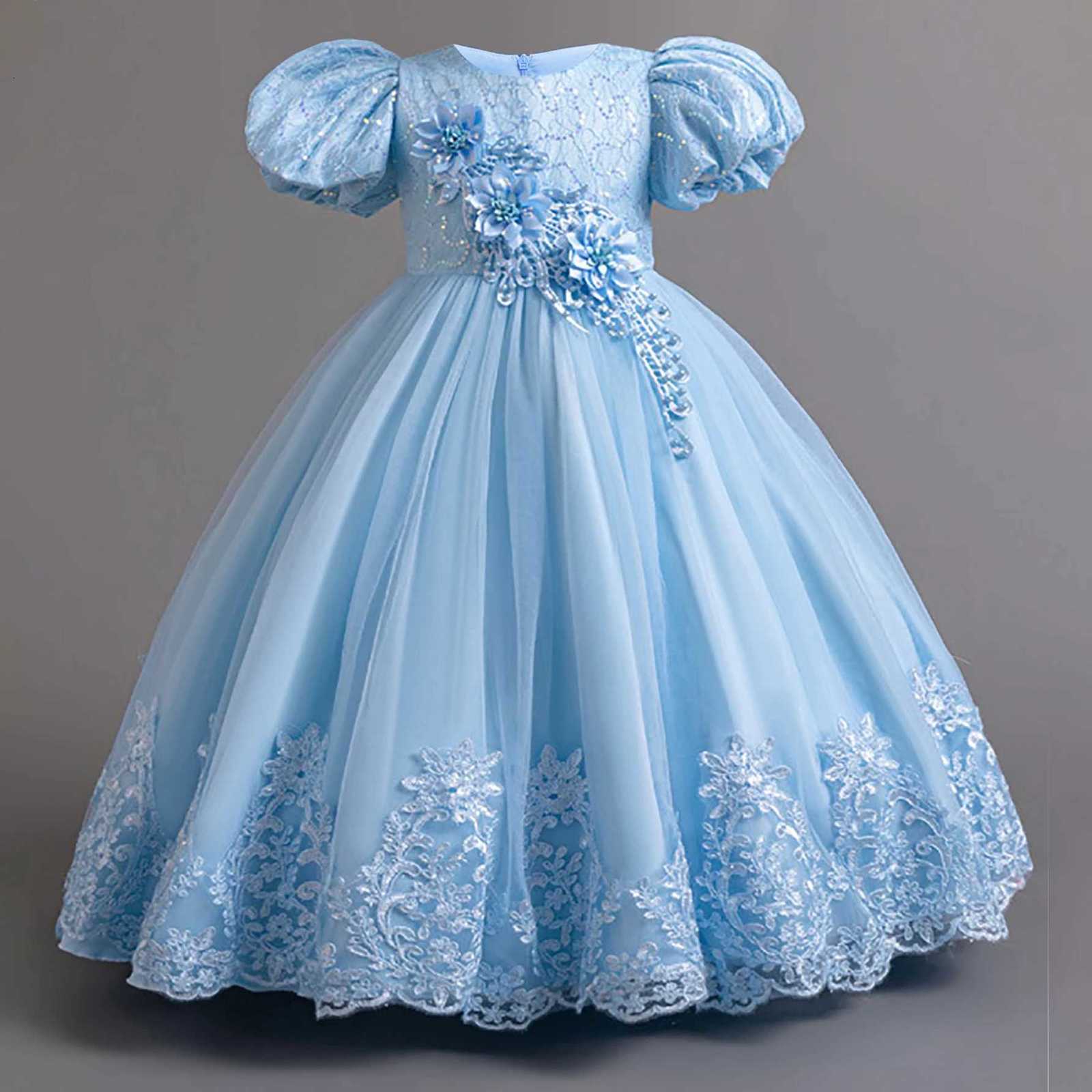 Elegant Bridesmaids Party Girls Dresses Puff Sleeve Tulle Wedding Costume Flower Birthday Princess Dress Girls Baptism Prom Gown Z250904
