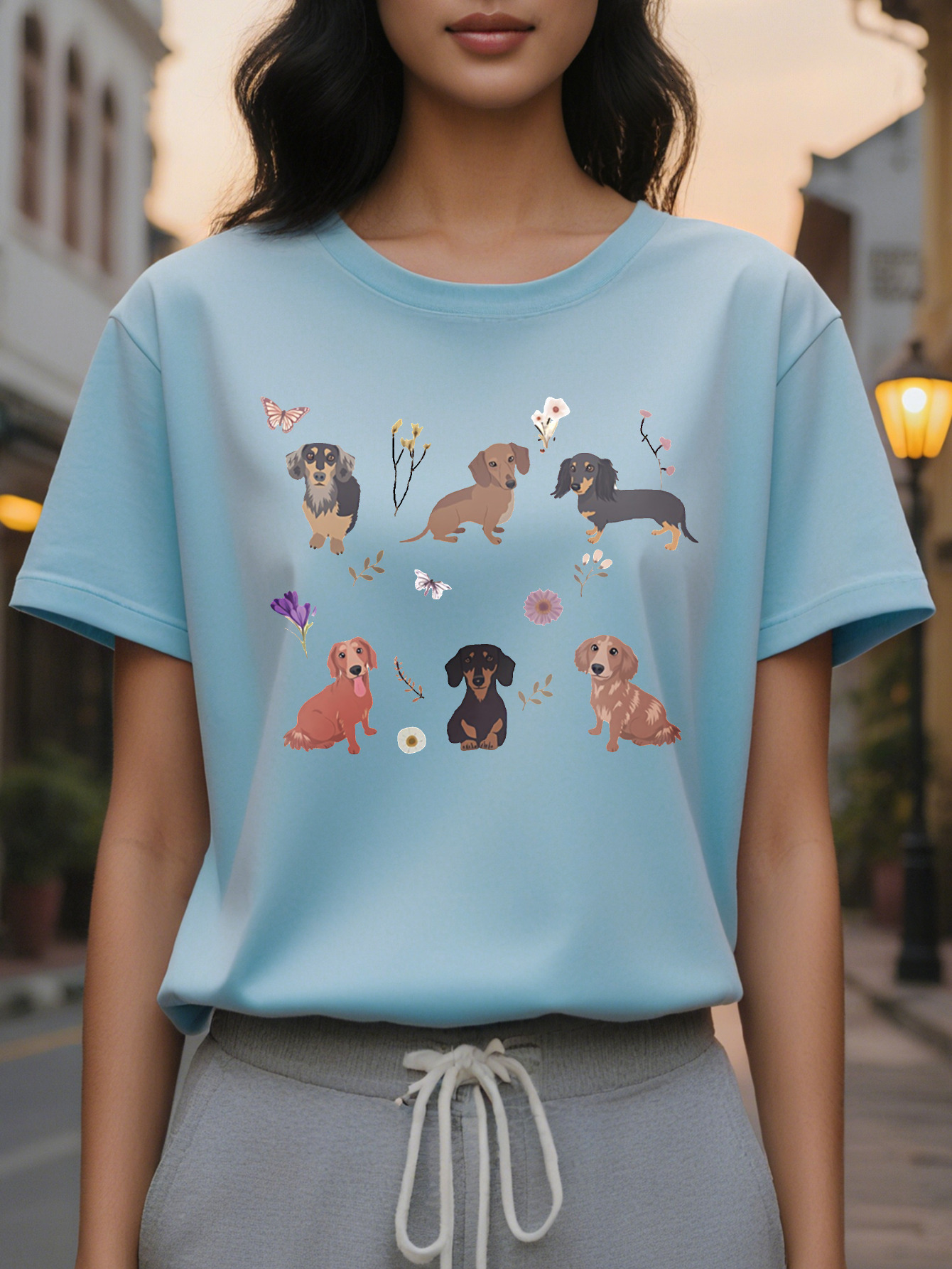 Dog American Print Pattern Fashion Round Neck Short Sleeve T-shirt Spring and Summer New Slim Fit Slimming Women's Top