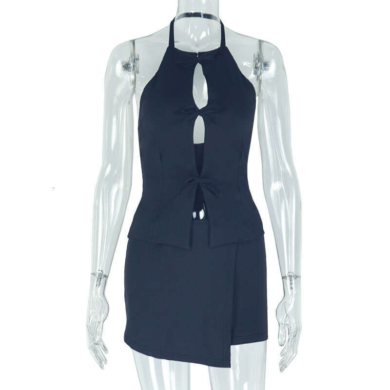 European and American Style Cross-Border Elegant Women's Fashion New Summer Solid Color Hollow Out Ruched Bodycon Skirt Two-Piece Set for Women P