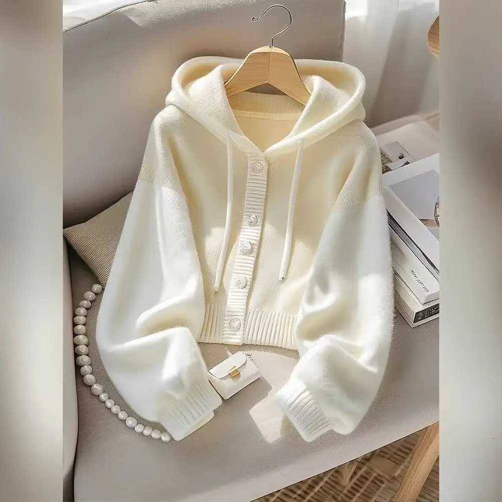 Korean Pink Patchwork Hooded Sweater Women Soft Wool Cashmere Cardigan Sweet Button Knitted Jacket Autumn Winter M250904