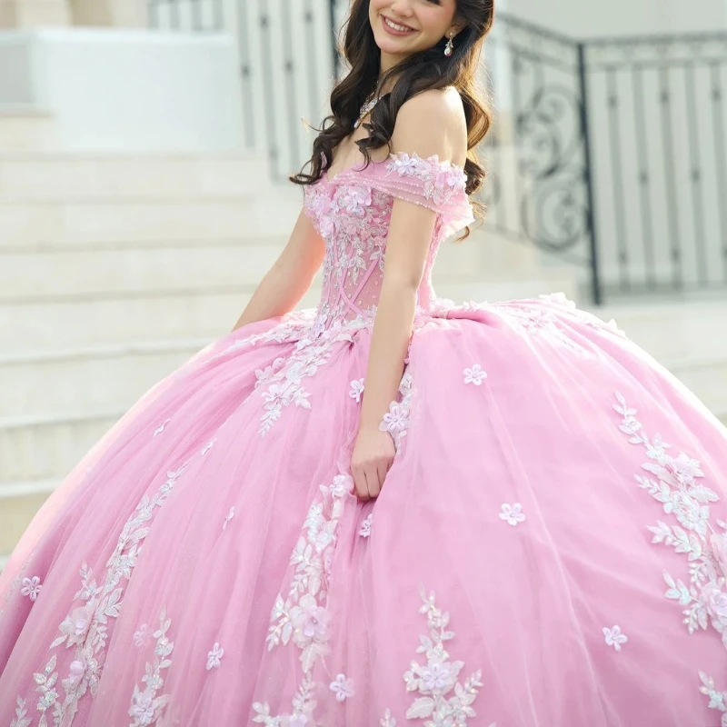 Pink Quinceanera Dresses Ball Gown Off The Shoulder Applique Flower Beading Crystal Tull Sweet 16 Dress Vestidos 15 De Anos