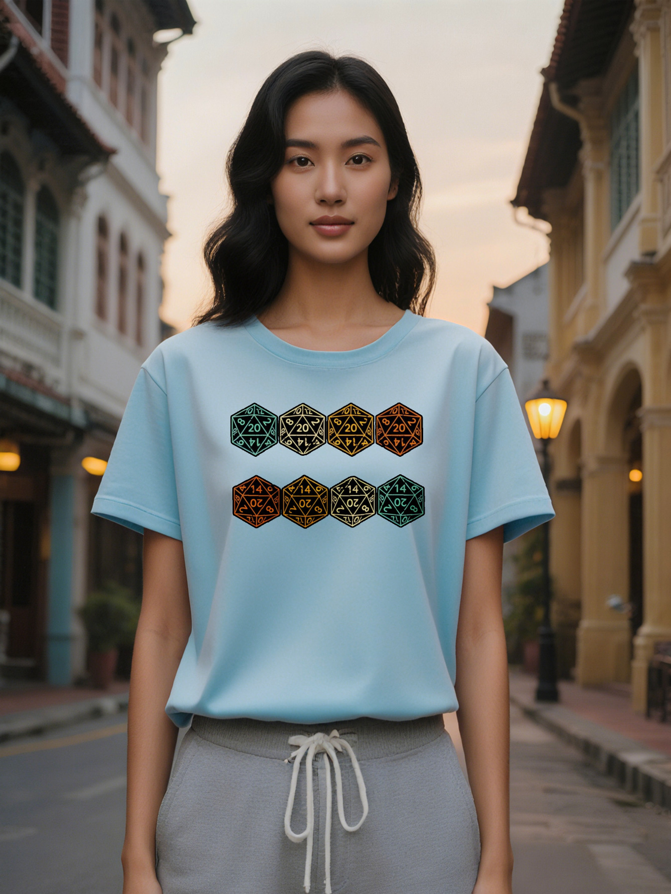 Lady Casual Graphic T Shirt with Side Die Print Black Gaming Inspired Design Round Neck Summer Tee, Washable