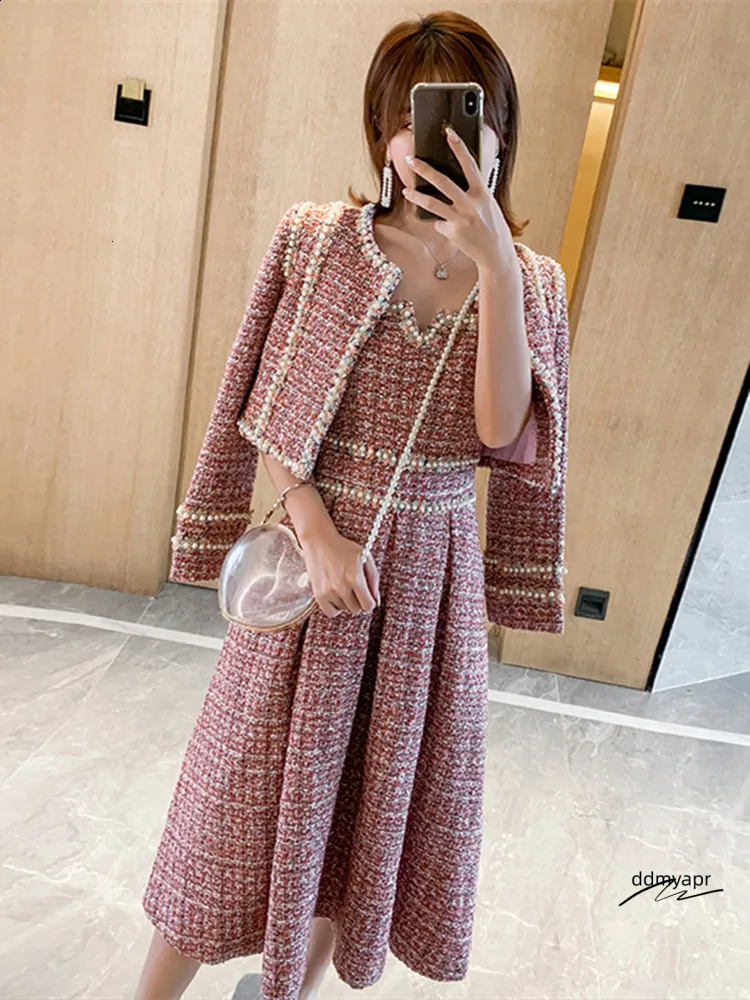 Winter Wool 2 Women Elegant Thick Short Jacket Coat Colorful Plaid Beading Tweed Vest Dress Ddmyday Two Piece Set 240823 Ddmyday Ddmyday Ddmyday Ddmyd