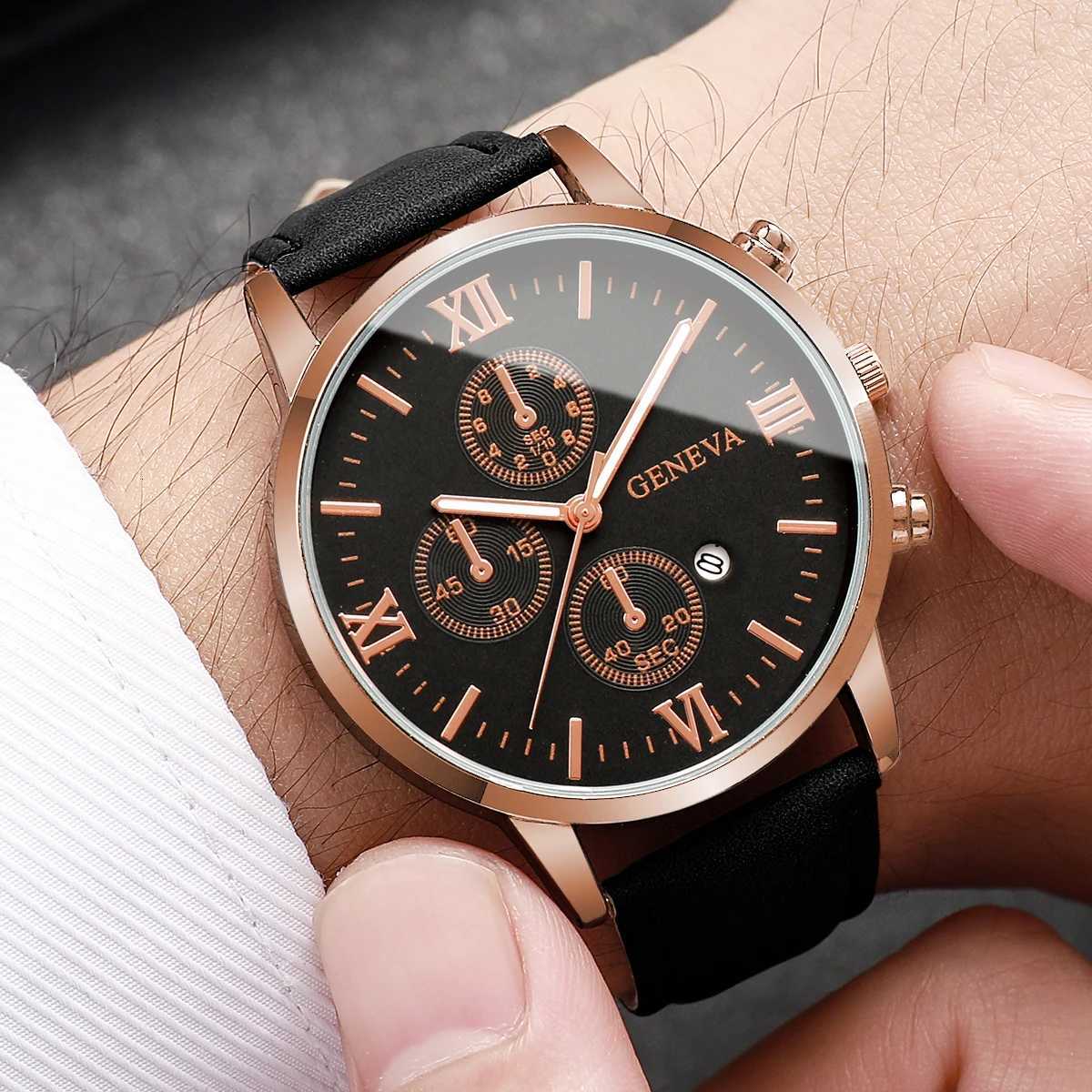 4pcsset Mens Handse Watch Simple Ran Sc Three Eye Dial Mens Cndar Leather Strap Quartz Cbination Watch No Box X250904