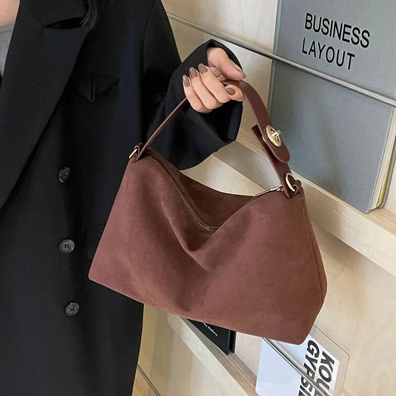 Vintage Frosted Handbag Premium Niche Pure Color Armpit Bag Women Hundred Suede Shoulder Tote Crossbody