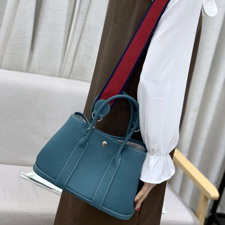 Garden Top Layer Cowhide Litchi Texture Casual Single Shoulder Color Block Wide Strap Handbag Women's Bag