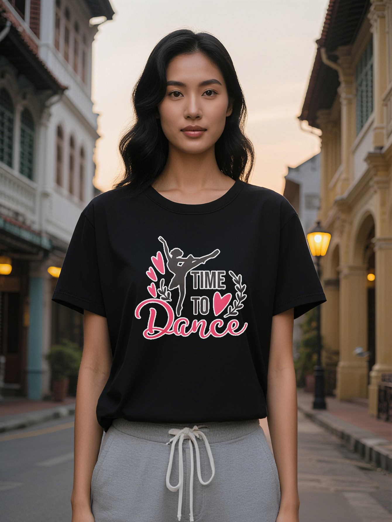 Lady Ballet Dancer Silhouette T-Shirt with Pink Heart Time to Graphic Pure Cotton Fabric Regular Fit Crew Neck Tee
